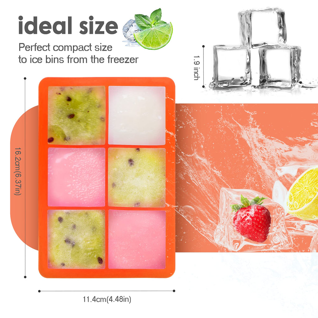 Silicone Ice Cube Trays with Lids,Large Square Ice Cube Molds for Freezer, Whiskey, Cocktail, Stackable Flexible and Reusable & Easy Release BPA Free (2 Pack&Dark Gray and Orange)