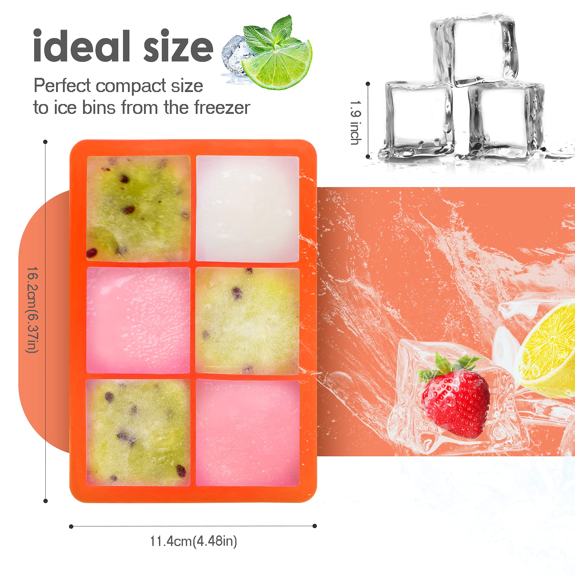 Silicone Ice Cube Trays with Lids,Large Square Ice Cube Molds for Freezer, Whiskey, Cocktail, Stackable Flexible and Reusable & Easy Release BPA Free (2 Pack&Dark Gray and Orange)
