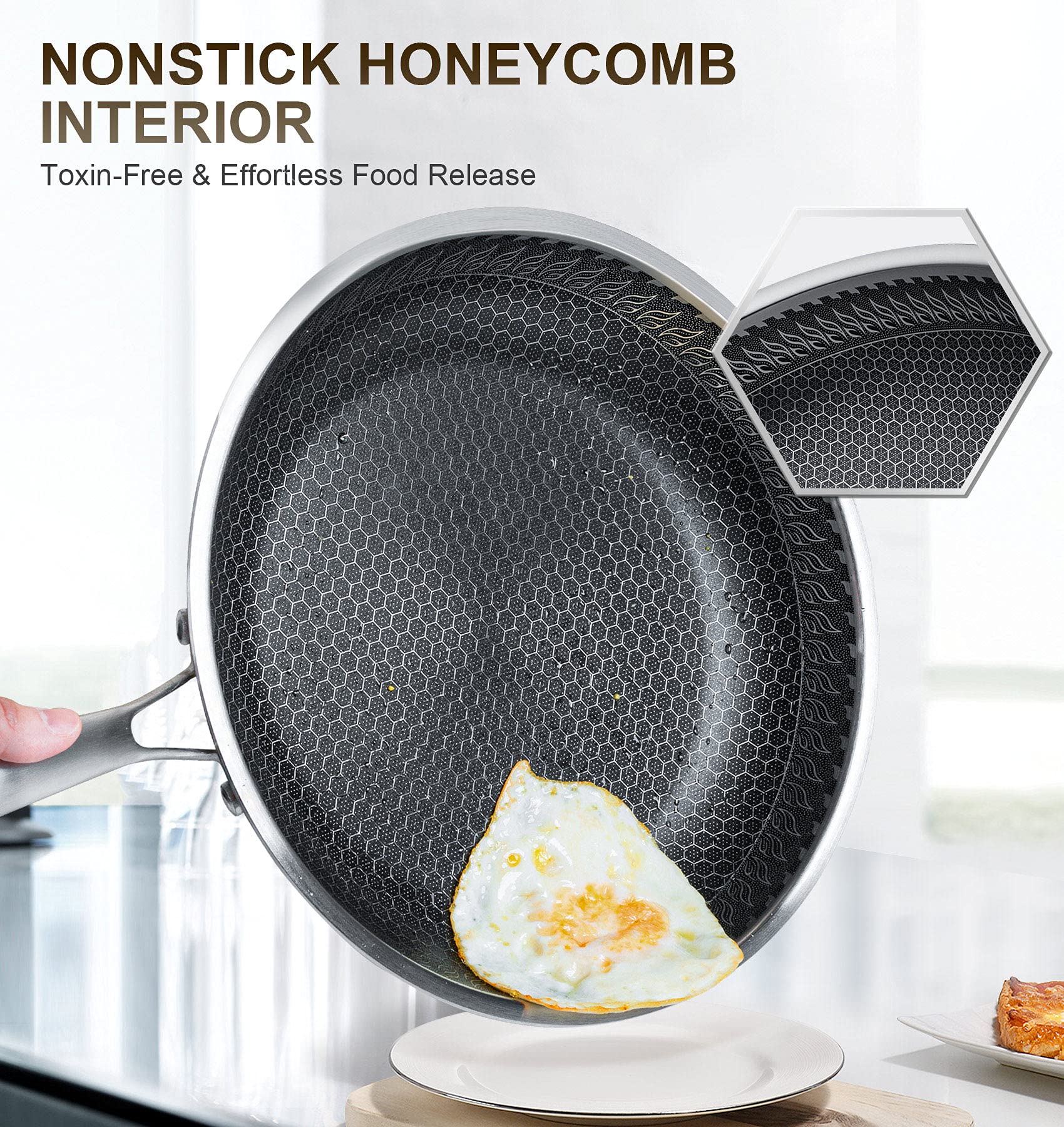 MICHELANGELO Stainless Steel Frying Pan Set with Lids, 9.5 & 11 Inch Frying Pans Nonstick, Stainless Steel Fry Pan Set, Honeycomb Pans for Cooking, Skillet with Lid - Induction Compatible