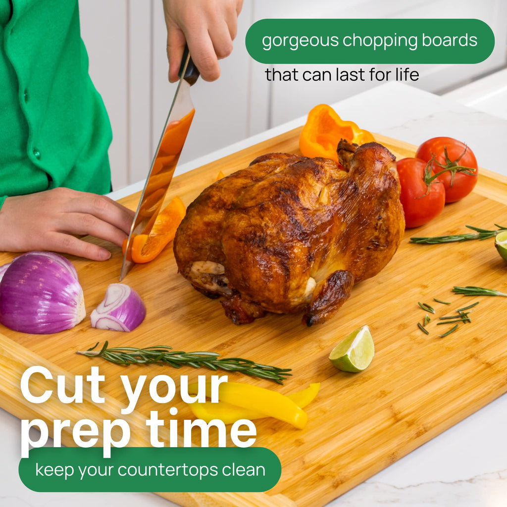 HUGE 24 Inch Bamboo Cutting Board with Lifetime Replacement - 2XL Extra Large Wooden Butcher Block for Kitchen, Stove Top, Meat, Vegetables, and Charcuterie with Deep Juice Grooves
