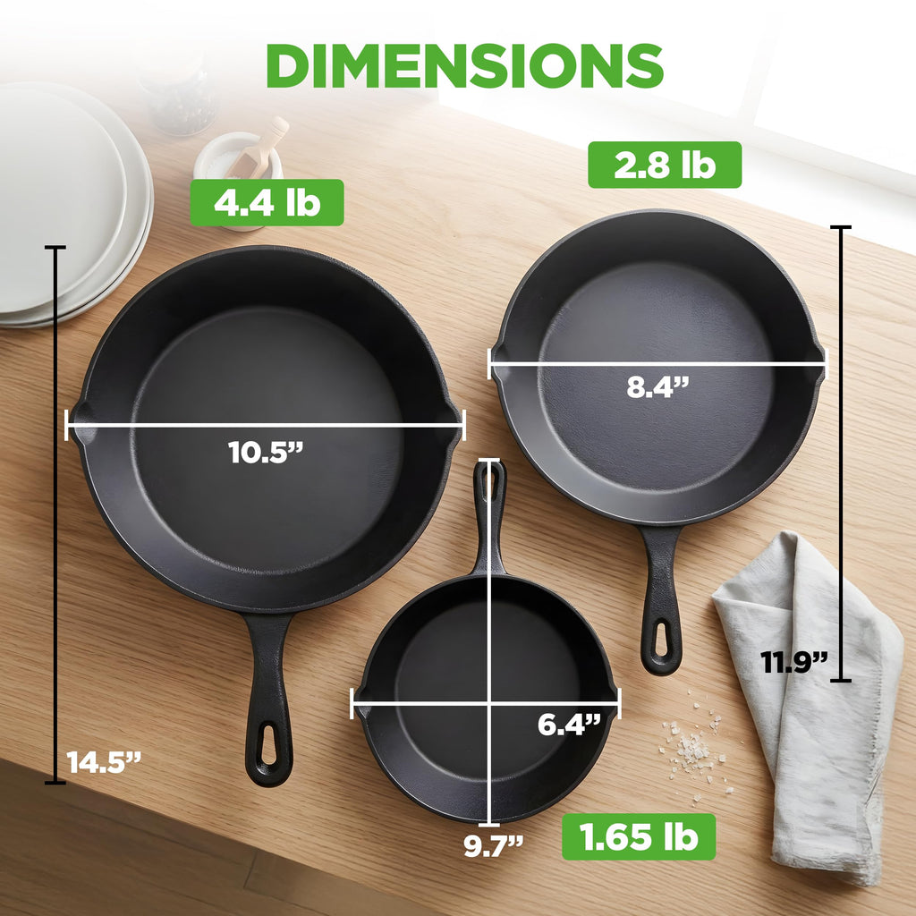 NutriChef 3 Pieces Pre-Seasoned Cast Iron Skillets