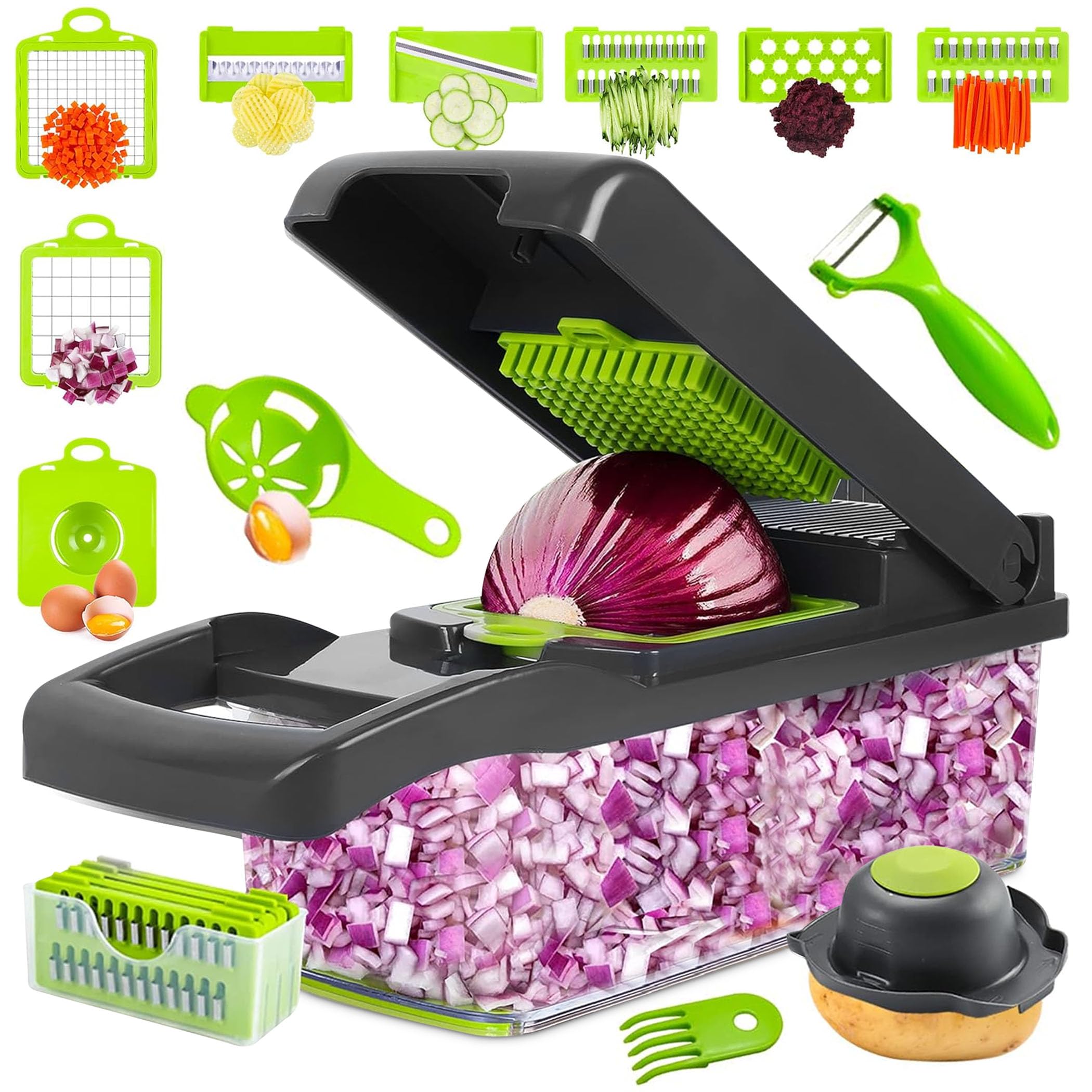 Kitchenvelly Vegetable Chopper 16 in 1 with Container, Veggie Chopper Food Chopper and Dicer, Onion Chopper Vegetable Cutter with 8 Stainless Steel Blades, Easy Meal Prep Kitchen Tool, Green