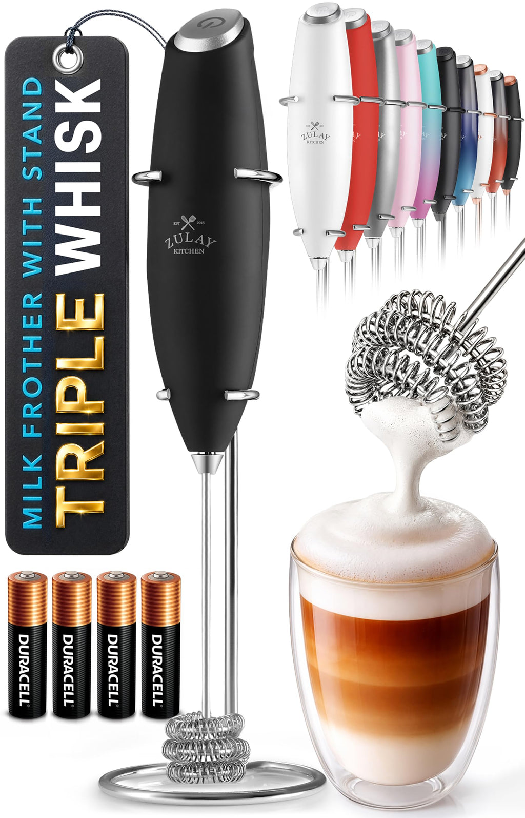 Zulay Kitchen Powerful Milk Frother Wand With Duracell Batteries - Ultra Fast Handheld Drink Mixer - Electric Whisk Foam Maker for Coffee, Lattes, Cappuccino & Matcha - Z1 Motor - Aqua