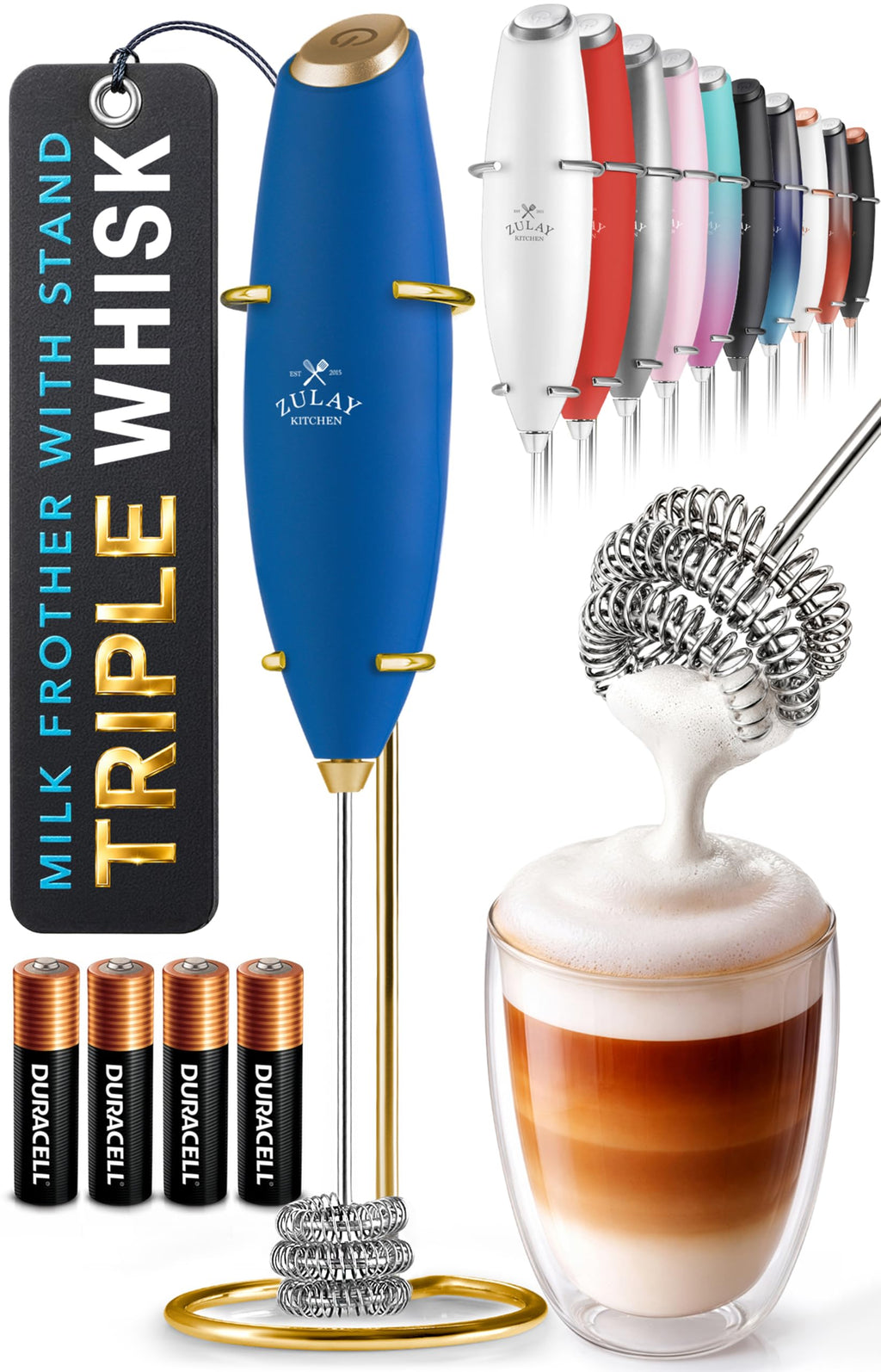 Zulay Kitchen Powerful Milk Frother Wand With Duracell Batteries - Ultra Fast Handheld Drink Mixer - Electric Whisk Foam Maker for Coffee, Lattes, Cappuccino & Matcha - Z1 Motor - Aqua