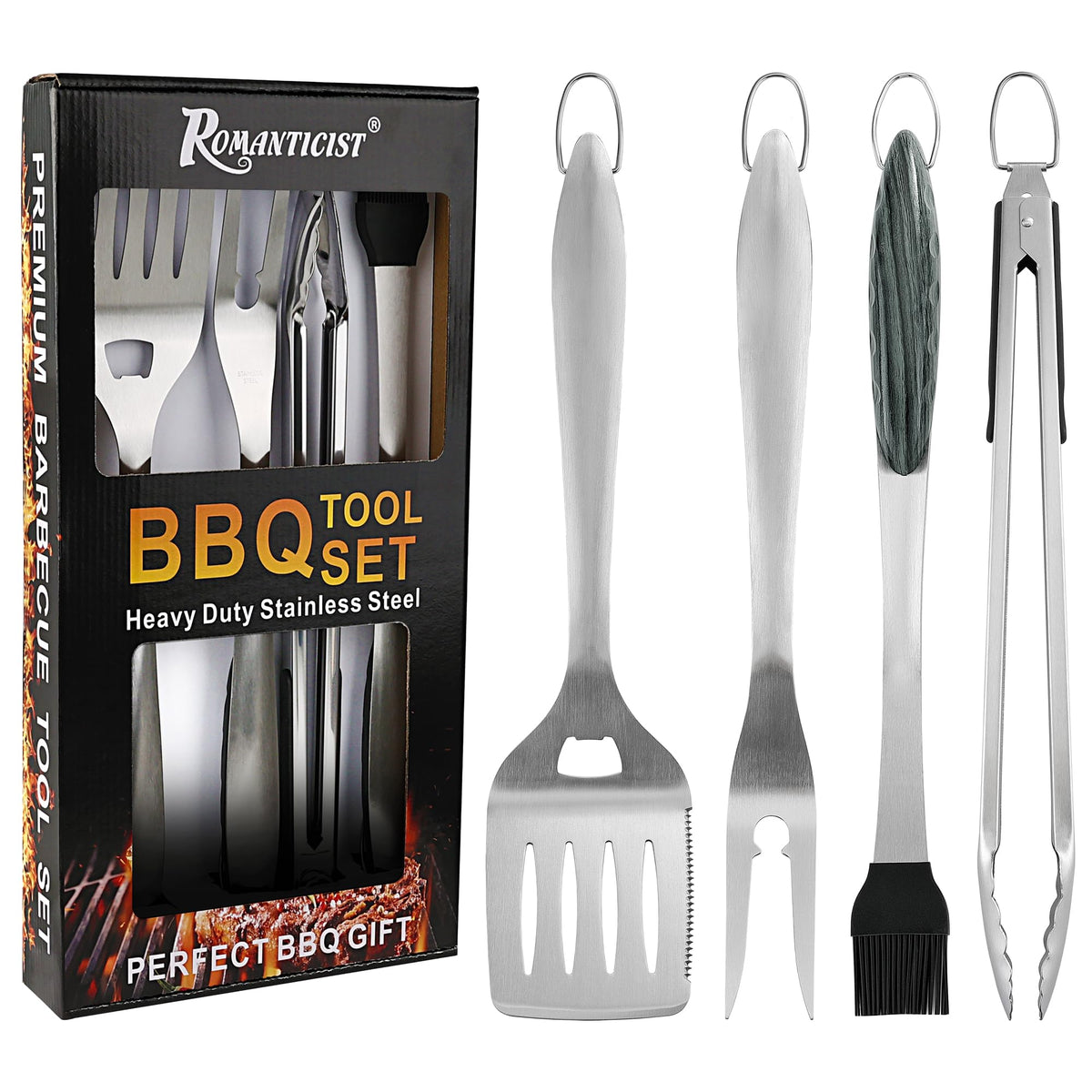 ROMANTICIST 4pcs Heavy Duty Grill Accessories for Top Chef - Professional Grill Tool Set & Basic BBQ Tools for Backyard Restaurant Outdoor Kitchen - Deluxe Grill Gift for Dad on Father’s Day Christmas