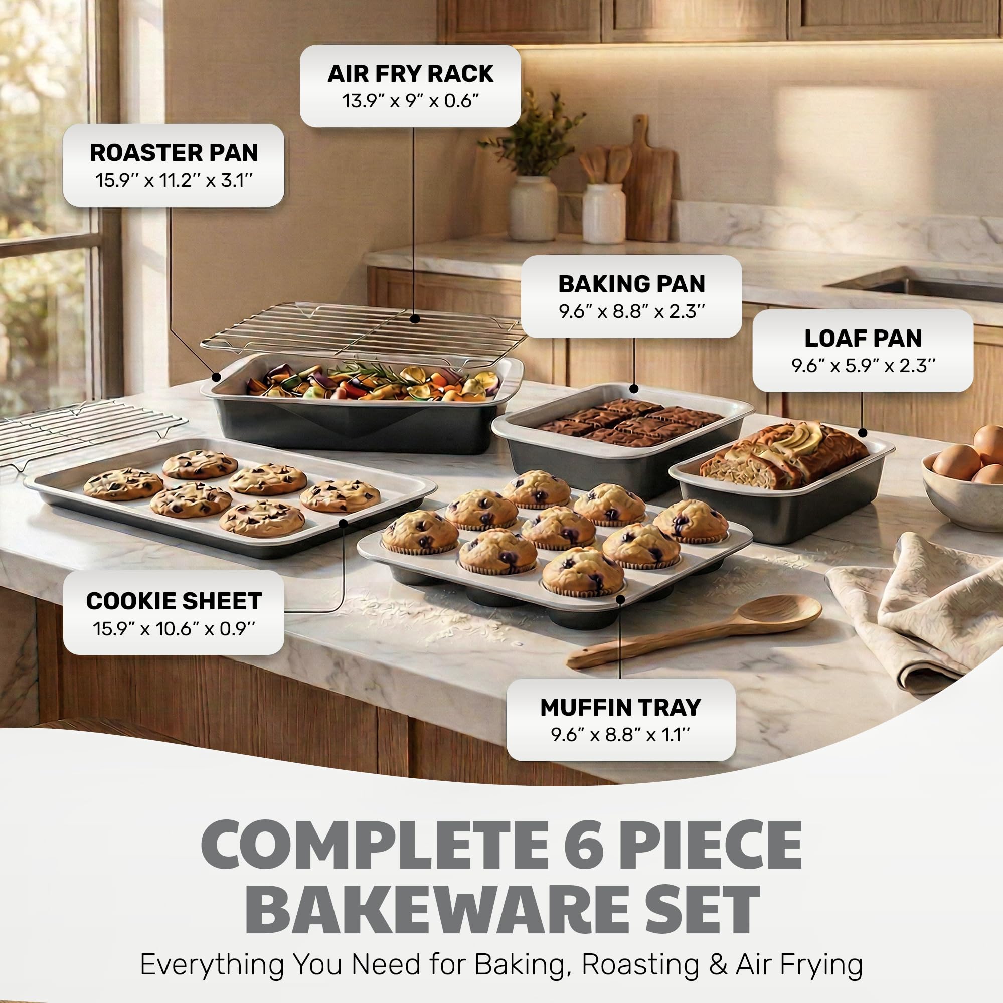 Gotham Steel 6 Pc Stackable Baking Pans Set, 70% Space Saving Design, Ceramic Bakeware Sets Non Toxic Made Without PFOA PFOS, with Cookie Sheet Tray, Cake & Muffin Pans, Oven & Dishwasher Safe