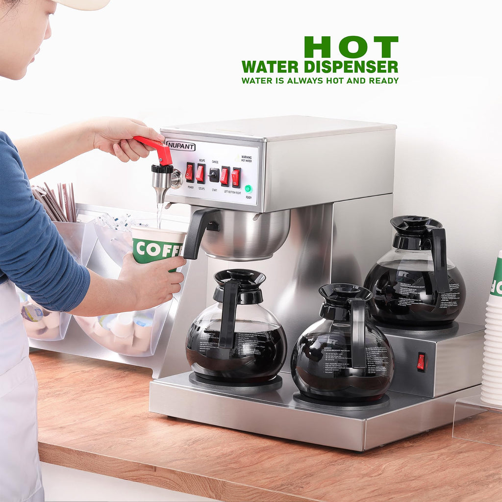 NUPANT 12 Cup Commercial Coffee Maker Auto Filling Drip Coffee Machine with 3 Carafes 3 Warmers, Filters, Stainless Steel Pour Over Coffee Brewer with Hot Water Dispenser for Restaurant Office Cafe