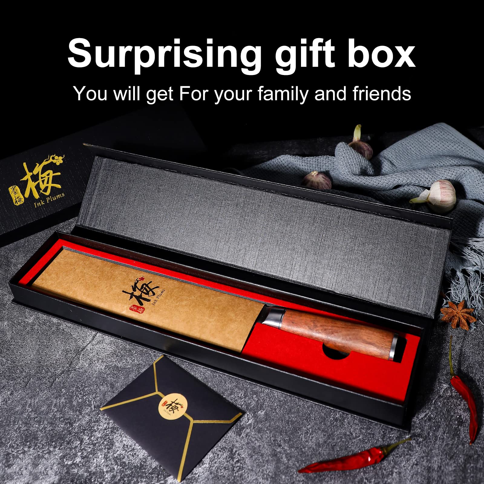 Ink Plums 8 inch Kitchen Chef's Knife, German High Carbon Stainless Steel Sharp Knife, Professional Meat Knife with Brazilian Rosewood Handle and Gift Box for Family & Restaurant