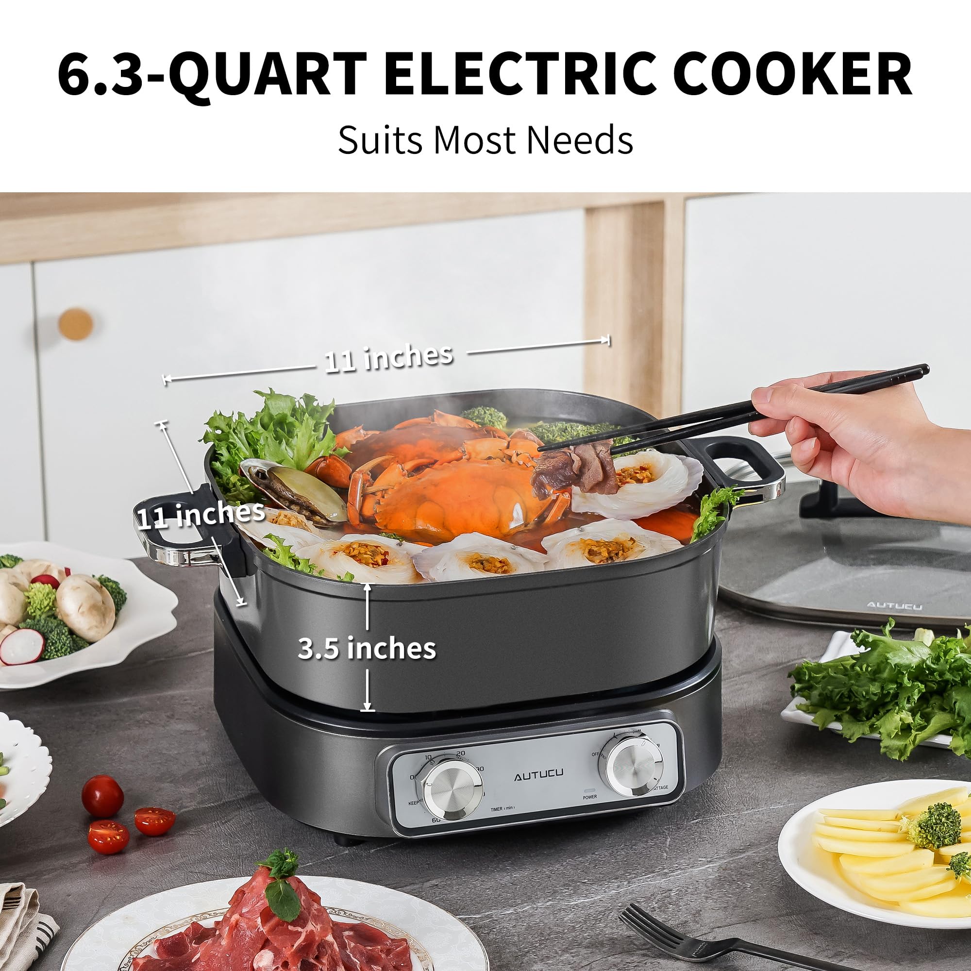 6-Quart Electric Skillet with Grill | Non-Stick PFOA-Free Ceramic-Coated Pot, 1600W, Timer & 3 Power Settings for Steak, Egg, Ramen (Includes Tongs) Pot & Grill