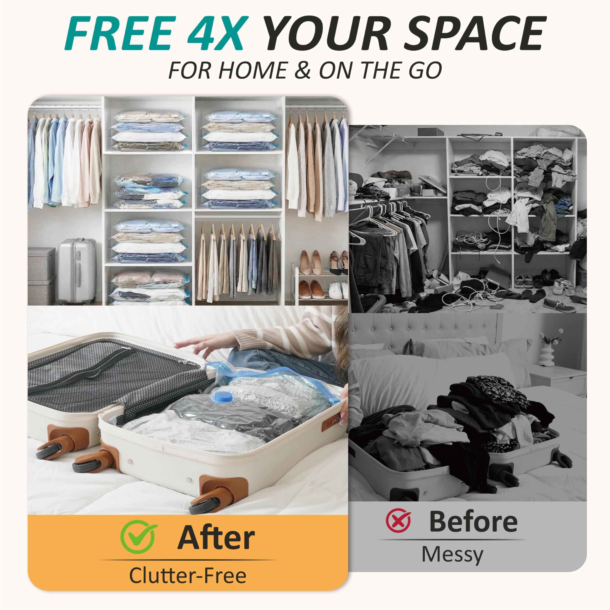 Cozy Essential Travel Vacuum Storage Bags with Rechargeable Cordless USB Pump, Space Saver Bags for Luggage, Suitcase, Carry-On, for Clothes, Blankets, Bedding & Seasonal Storage,30 Combo