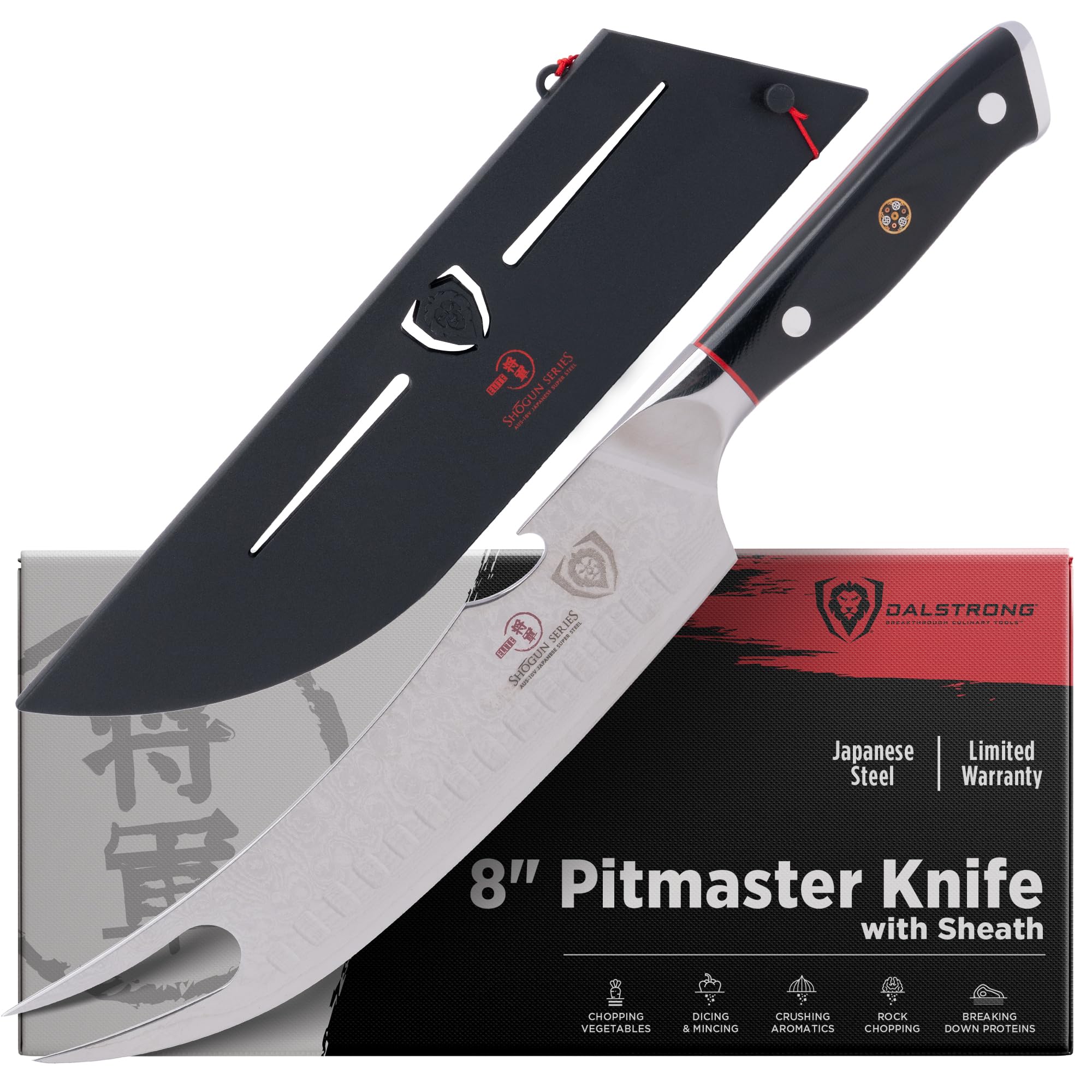Dalstrong 8" Pitmaster BBQ Knife — Forked Tip & Built-In Bottle Opener — AUS-10V Japanese Steel, 62+ HRC — For Grilling, Smoking & BBQ Service — G10 Handle, Shogun ELITE, customer support