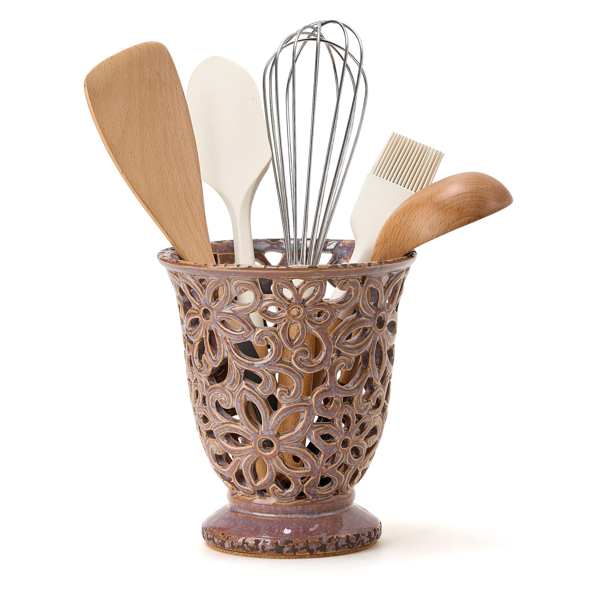 Utensil Holder for Kitchen Counter, Modern Farmhouse Cooking Utensil Holder and Crock Home Kitchen Decor, Ceramic Utensil Organizer for Spatula, Ladle, Eggbeater, Rolling Pin- Kiln-Transformed Purple