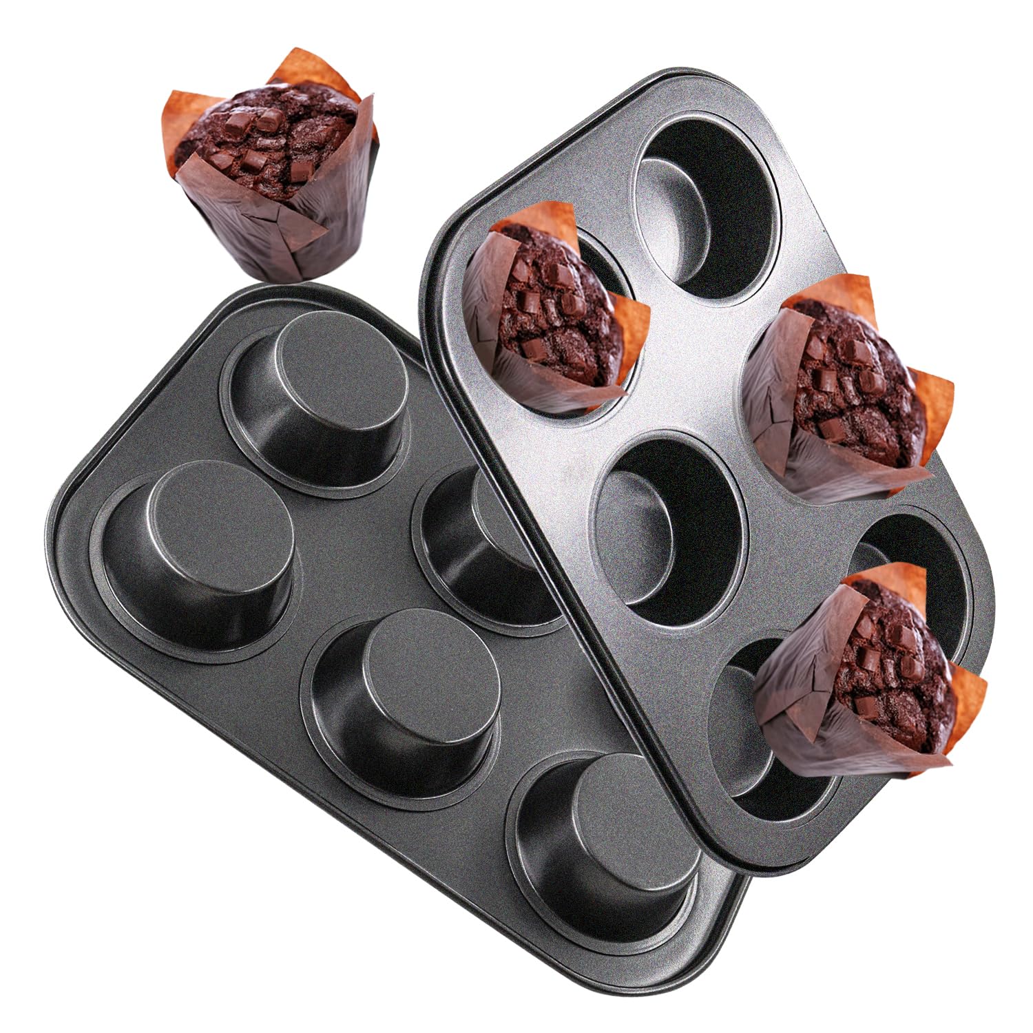 DRAONGYE 2 Packs Round Muffin Baking Pan, Premium Steel Muffin Pan for Baking, Cupcake Tin Cheesecake Pans, Bakeware Muffin Top Pan (6 Cups,Black)
