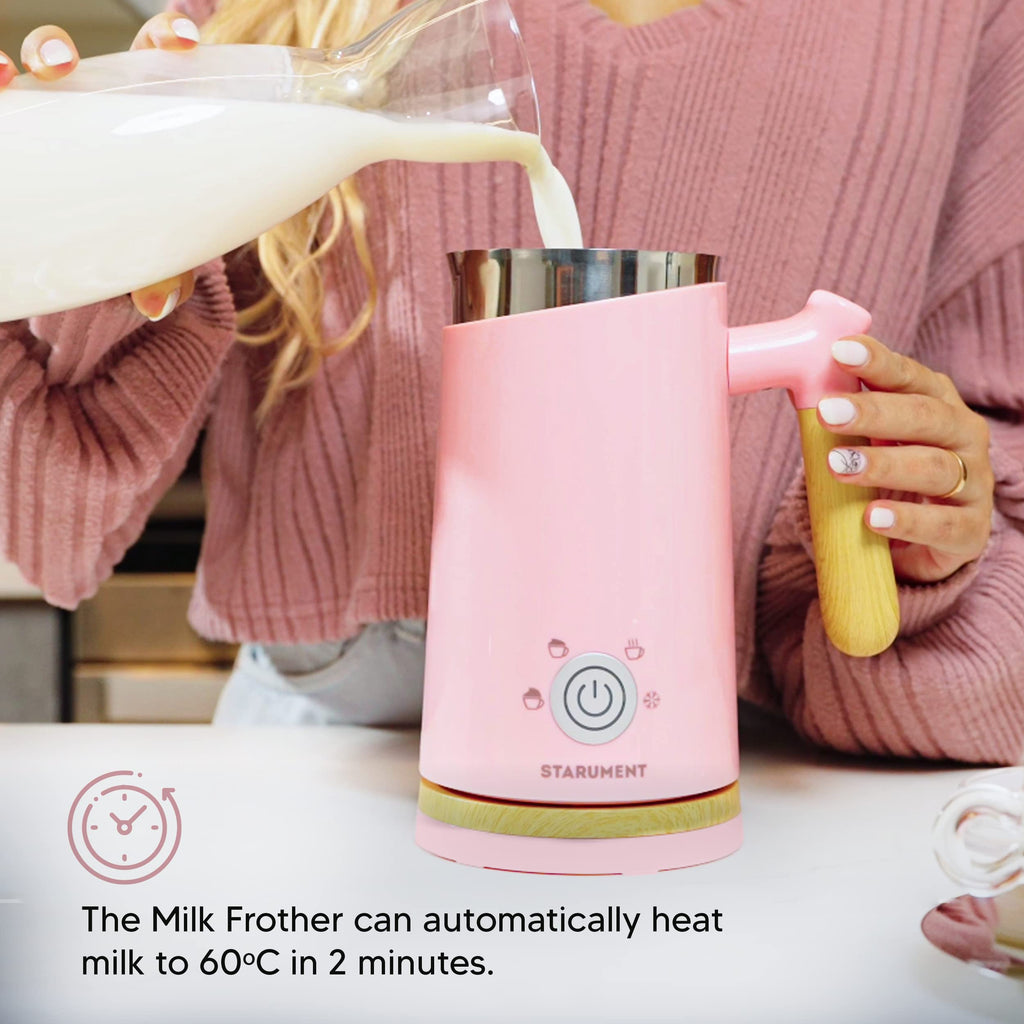 Starument Electric Milk Frother - Automatic Foamer & Heater for Coffee, Latte, Cappuccino, Other Creamy Drinks 4 Settings Cold Foam, Airy Dense Foam Warm Easy to Use, Pink, 8x4x5 inches (MS-MF)