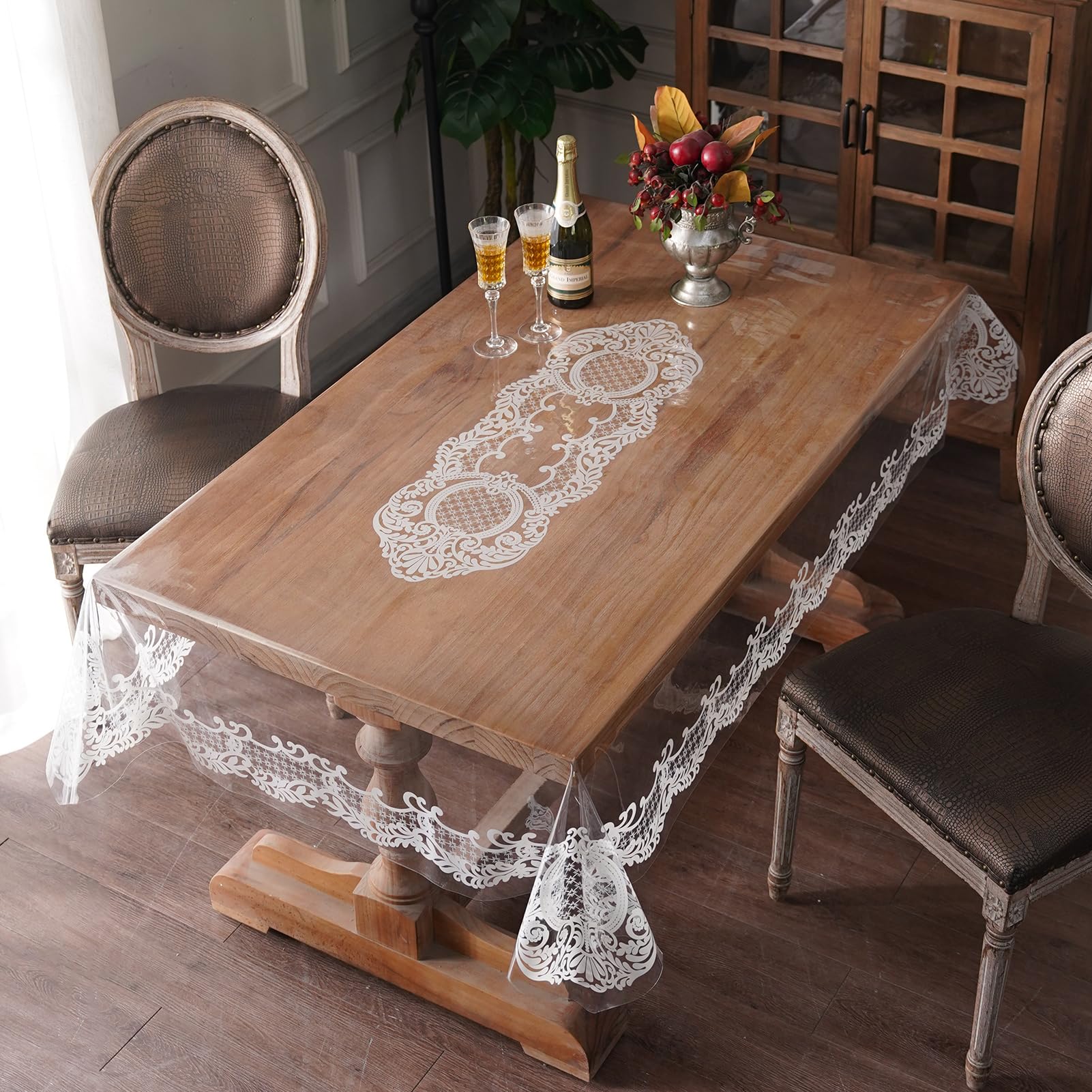 Artbloss Rectangle Waterproof Clear Table Cover Protector Vinyl Table Cloth Oil Spill Proof Wipe Clean Lace Plastic Tablecloths for Dining Tables (White, 60 x 84 Inches)