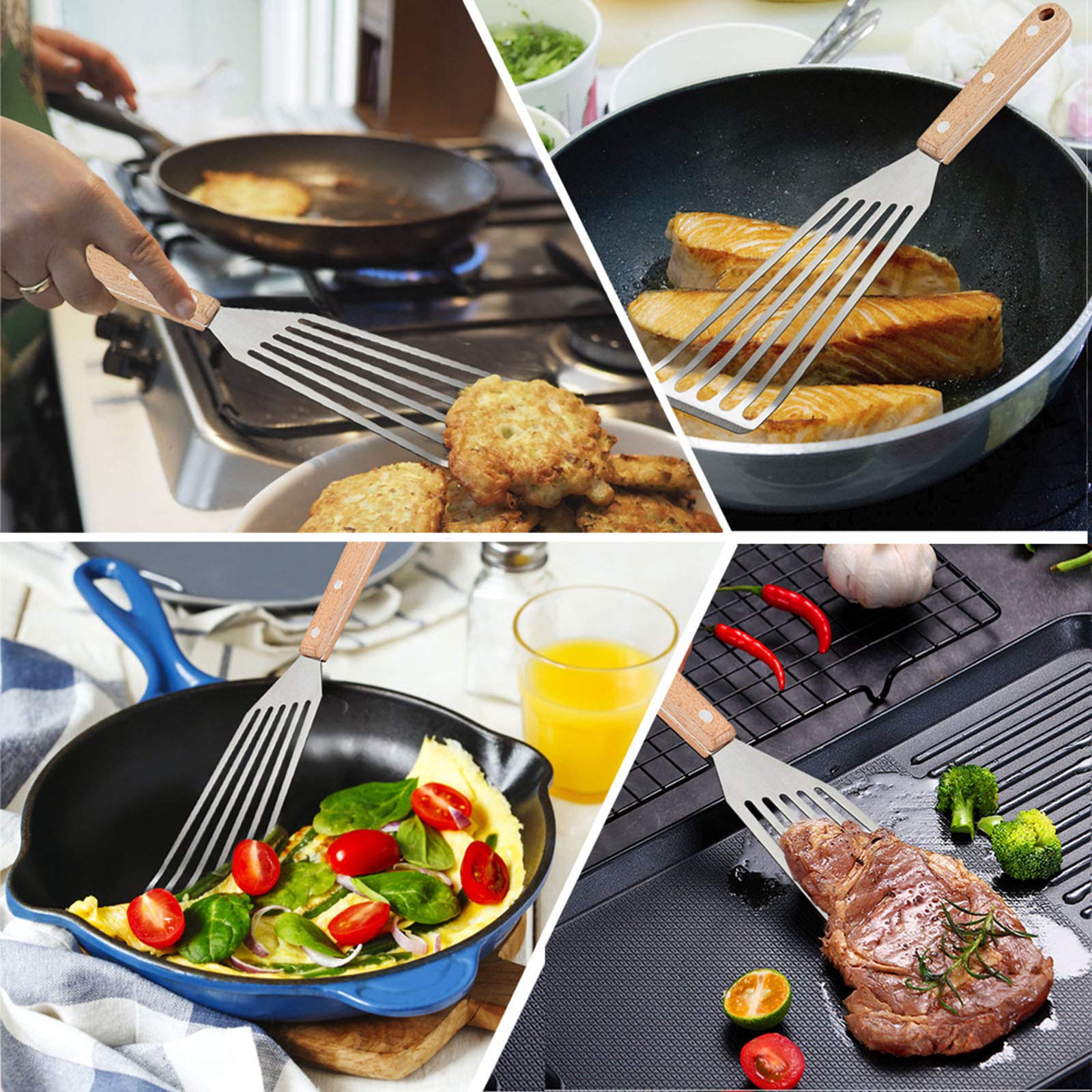 Fish Spatula Set of 2, HaSteeL Stainless Steel Slotted Spatula Turner with Riveted Wooden Handle, Professional Metal Spatulas Great for Kitchen Cooking Flipping Frying & Grilling, 2 x Hooks