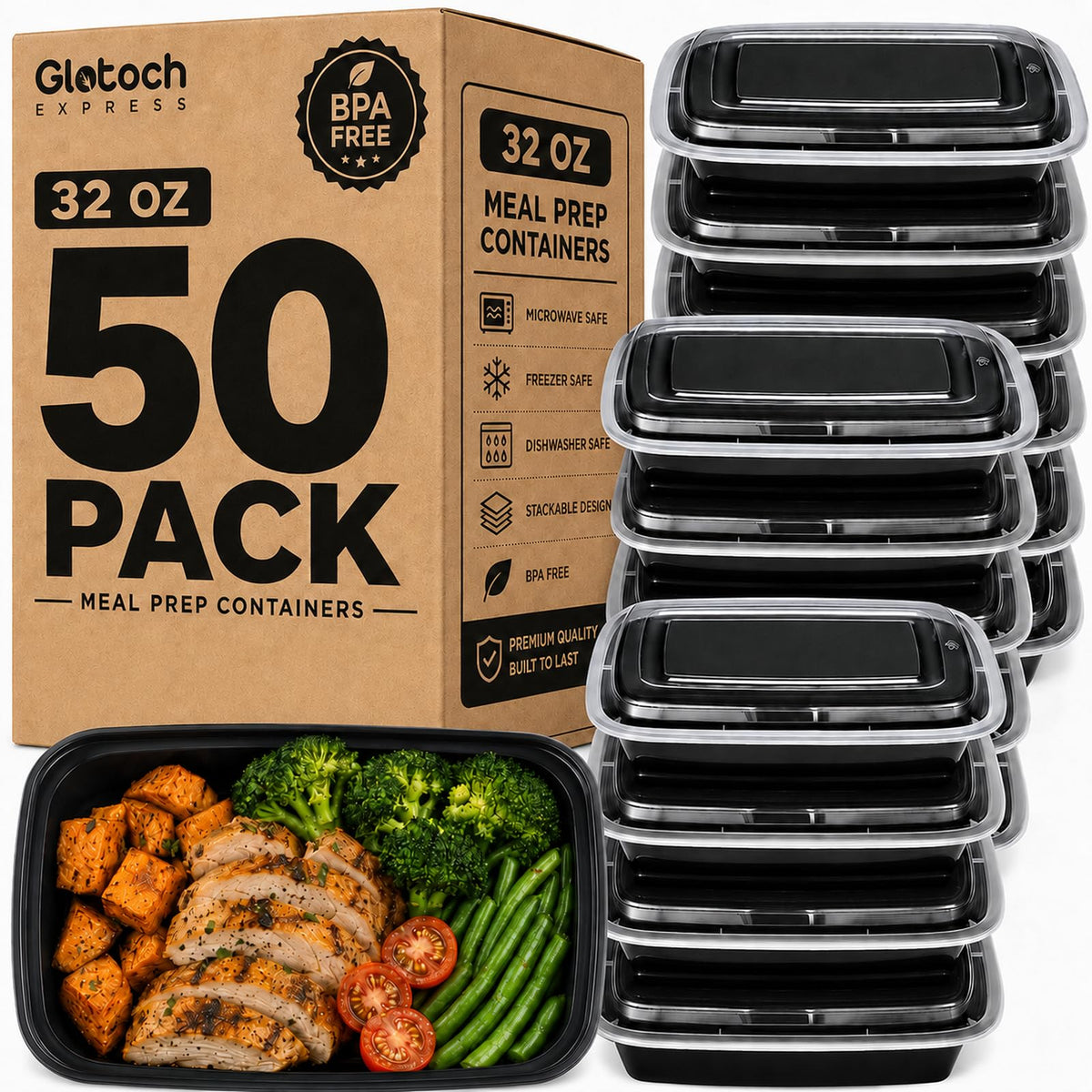 Glotoch 3-Compartment Meal Prep Containers with Lids, 34 oz, 50 Pack