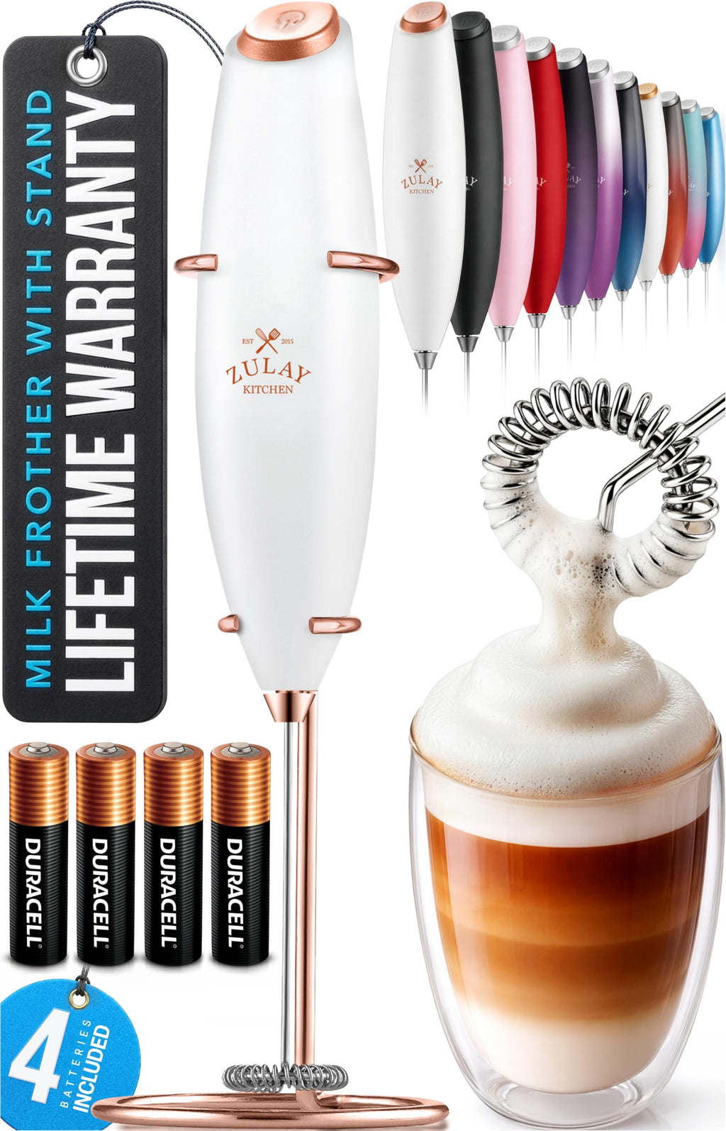 Zulay Kitchen Powerful Milk Frother Wand With Duracell Batteries - Ultra Fast Handheld Drink Mixer - Electric Whisk Foam Maker for Coffee, Lattes, Cappuccino & Matcha - Z1 Motor - Aqua
