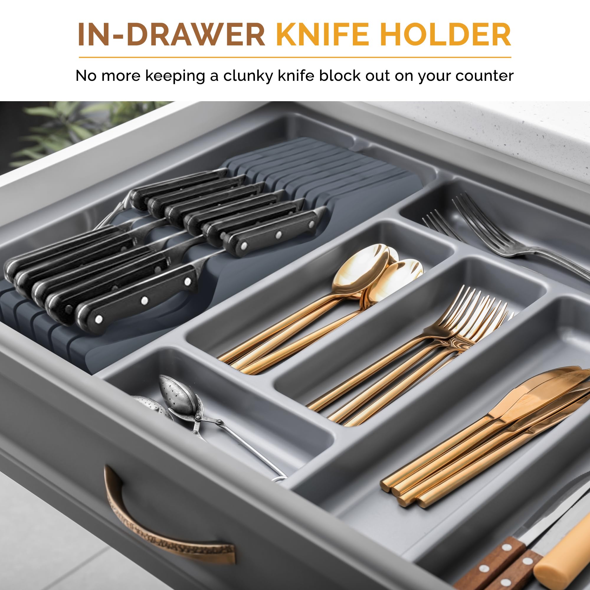 Knife Drawer Organizer, 16 Slot Bamboo In-Drawer Knife Block Without Knives