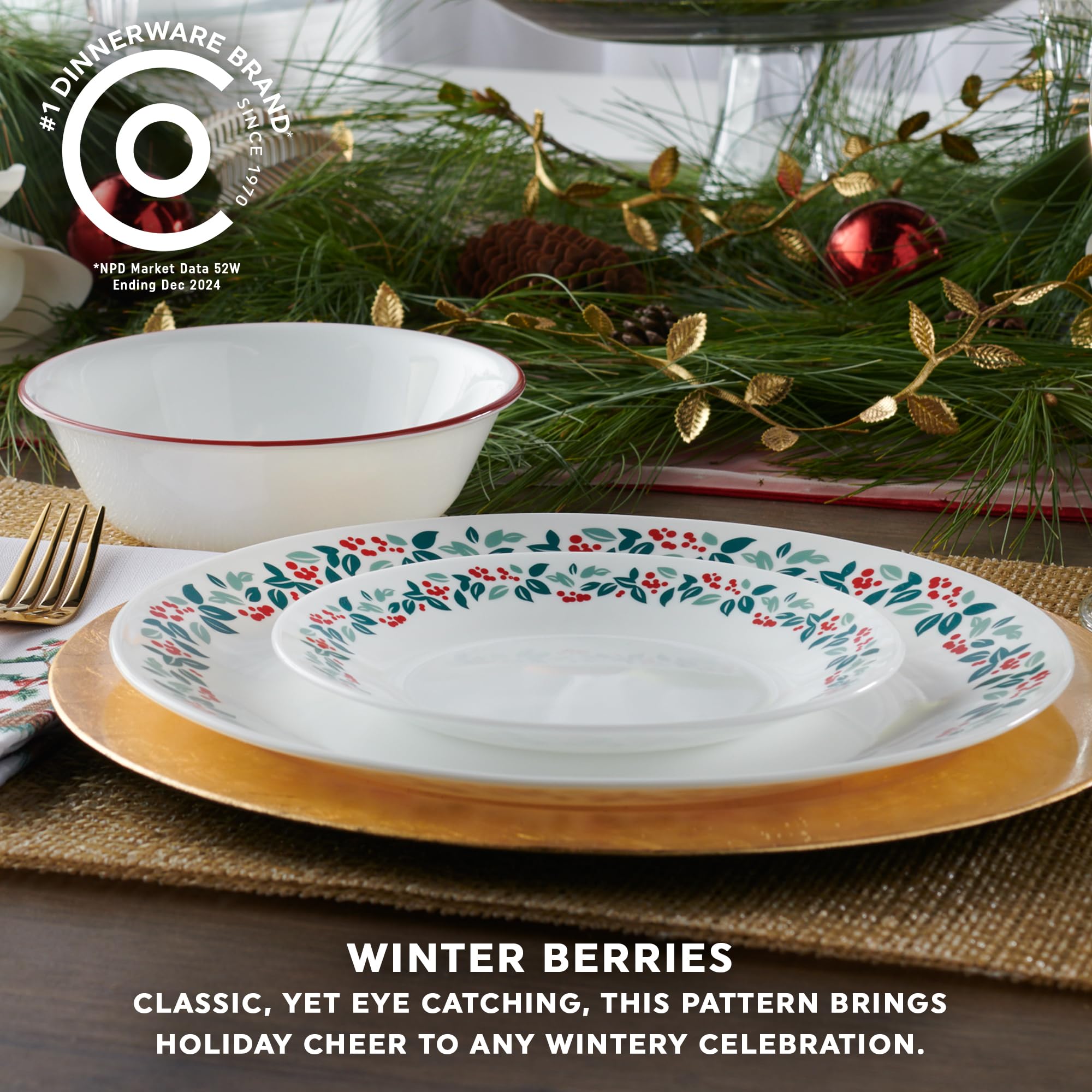 Corelle Vitrelle 18-Piece Christmas Service for 6 Dinnerware Set, Triple Layer Glass and Chip Resistant, Lightweight Round Holiday Plates and Bowls Set, Winter Berries