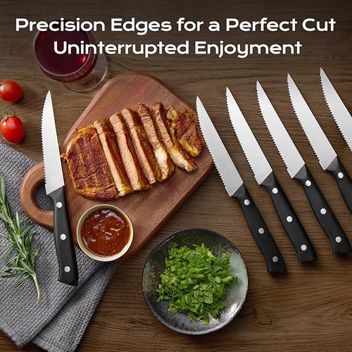 14-Piece Kitchen Knife Set with Oak Wood Block – 3Cr13 Stainless Steel Knife Block Set with Chef Knife, Santoku, Bread, Utility, Paring & 6 Steak Knives, Kitchen Shears & Sharpening Rod