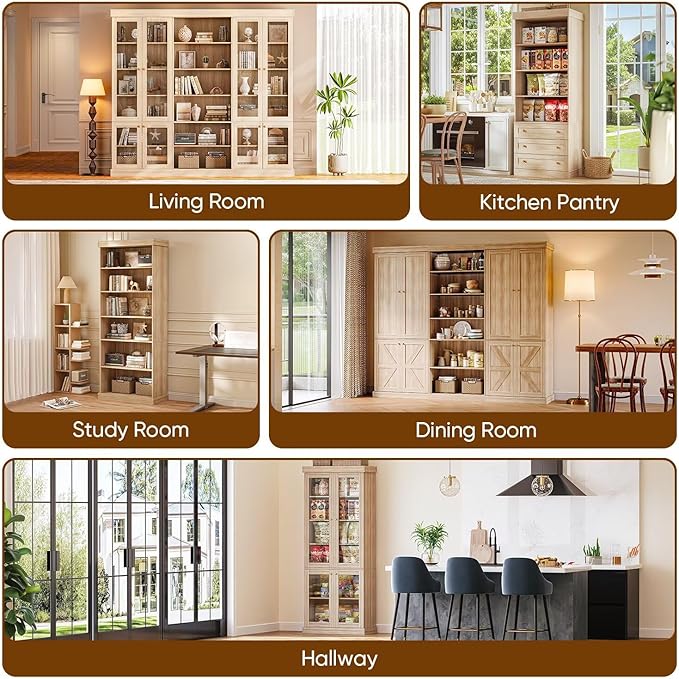70.8" Bookshelf with Glass Doors, Farmhouse Modular Bookcase with 6-Tier Adjustable Shelves, Large Storage Cabinet for Living Room & Home Office, Set of 3, Brown