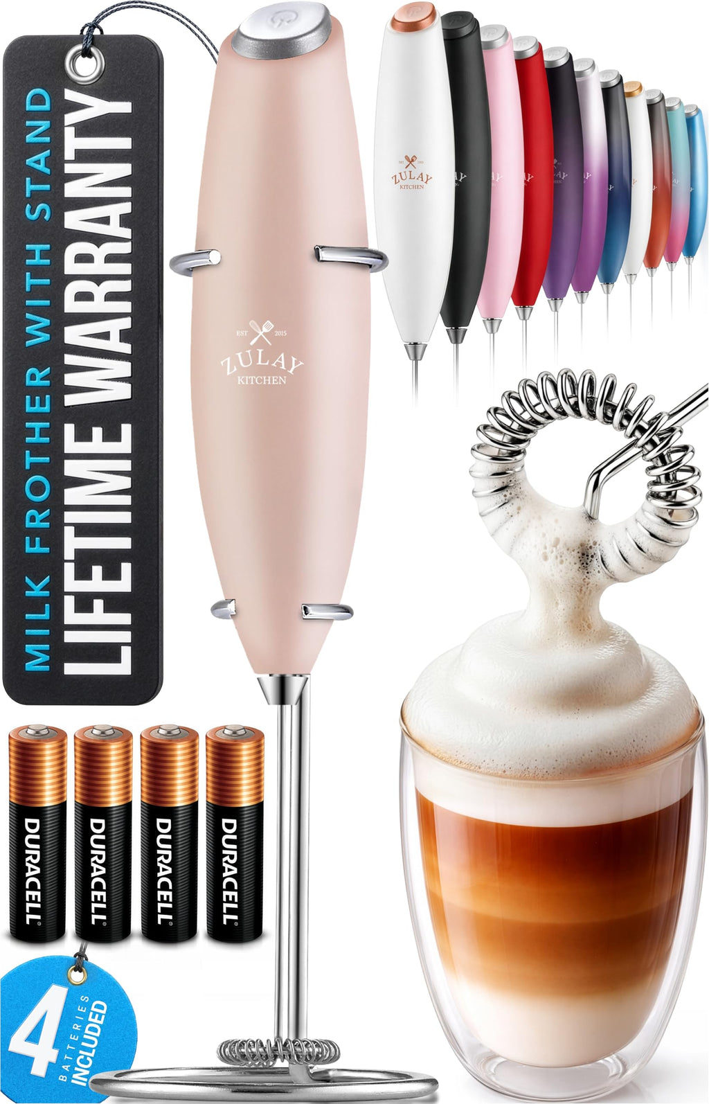 Zulay Kitchen Powerful Milk Frother Wand With Duracell Batteries - Ultra Fast Handheld Drink Mixer - Electric Whisk Foam Maker for Coffee, Lattes, Cappuccino & Matcha - Z1 Motor - Aqua