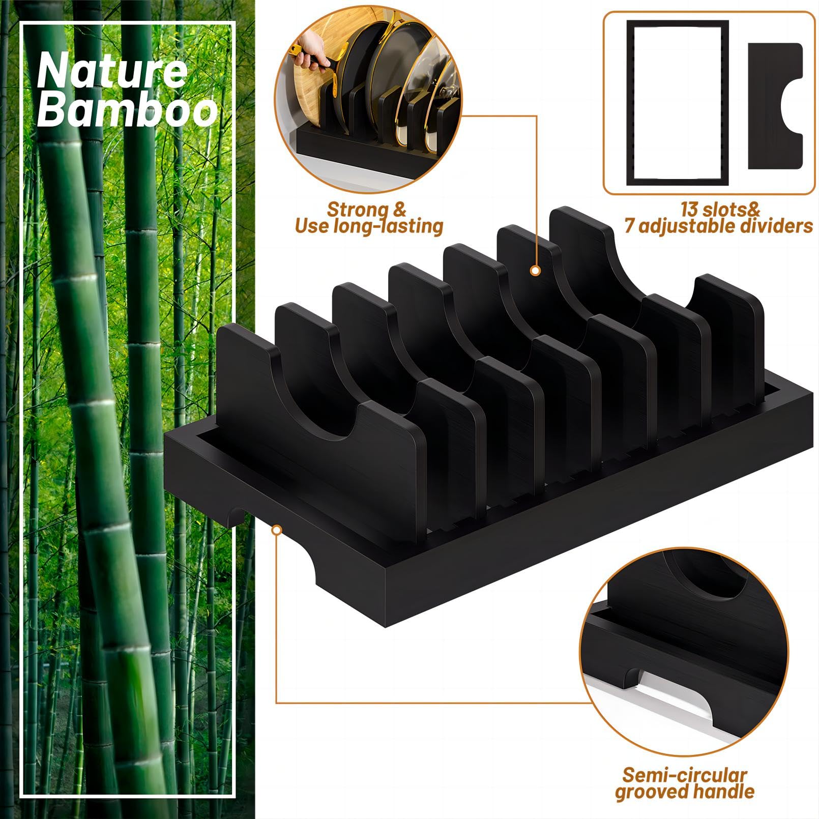Kiasthome Bamboo Pot and Pan Organizer, Pot Lid Organizer Holder Rack for Countertop Drawer, Kitchen Cabinet Organizer with 7 Adjustable Dividers for Pots, Pans, Baking Sheets, Cutting Boards, Black