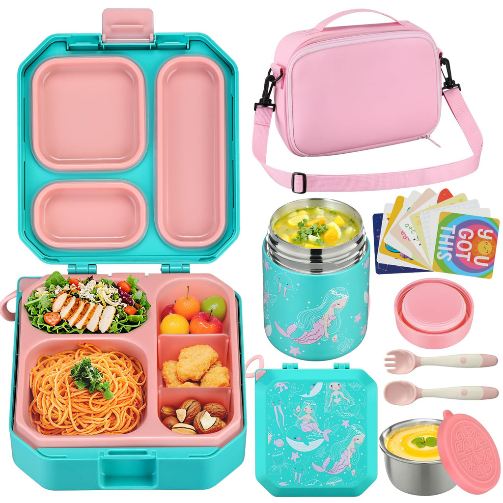 Itslife Bento Lunch Box Set for Kids with 12oz Soup Thermo&Lunch Bag, Leak-Proof Lunch Food Containers for Kids School, 5 Compartment, Sauce Cup, 10 Notes (Grey Dinosaurs)