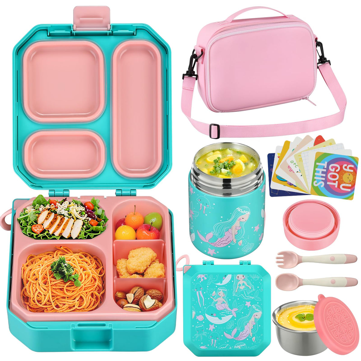 Itslife Bento Lunch Box Set for Kids with 12oz Soup Thermo&Lunch Bag, Leak-Proof Lunch Food Containers for Kids School, 5 Compartment, Sauce Cup, 10 Notes (Grey Dinosaurs)