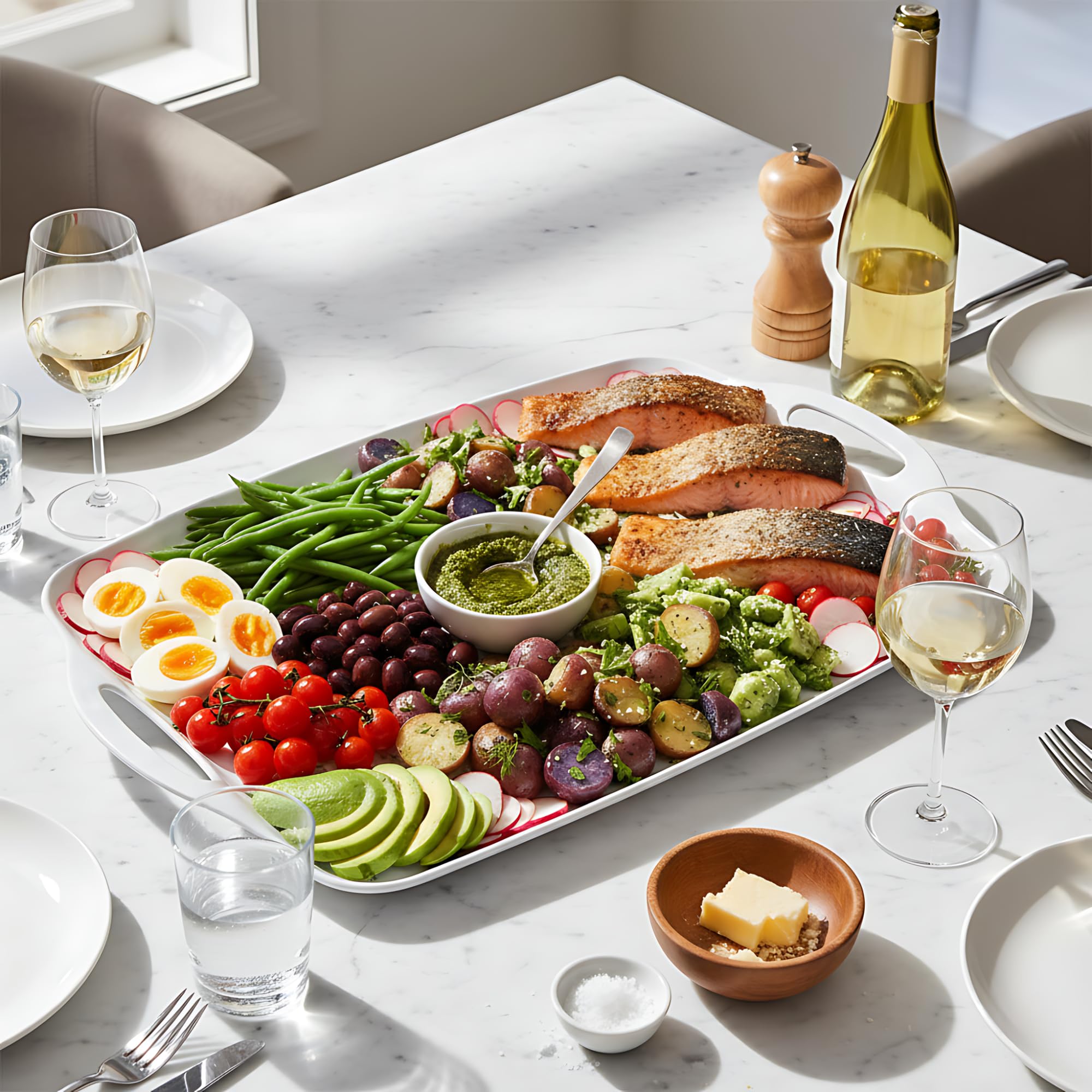 TP Melamine Serving Trays with Handles, 17” x 12”, Set of 2, Pure White