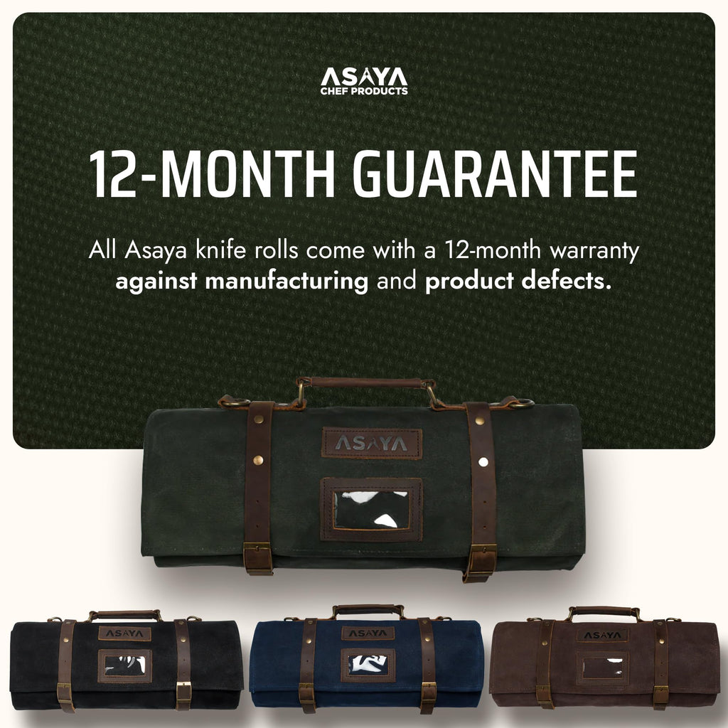 Asaya Waxed Canvas Knife Roll Bag - 15-Slot Chef Knife Bag with Leather Straps, Large Zippered Pocket and Card Holder - Carrying Case for Chefs and Culinary Students – Knives Not Included (Green)