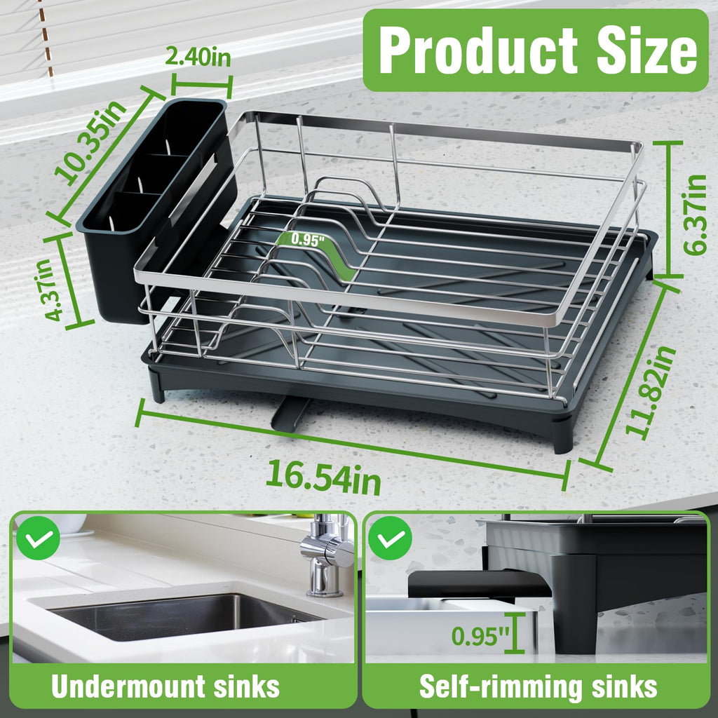 TITIMIO Dish Drying Rack - Space-Saving Dish Rack for Kitchen Counter with Removeable Cutlery Holder,Rustproof & Sturdy Auto-Drain Organizer for Plates,Cups,Knife,Silvery