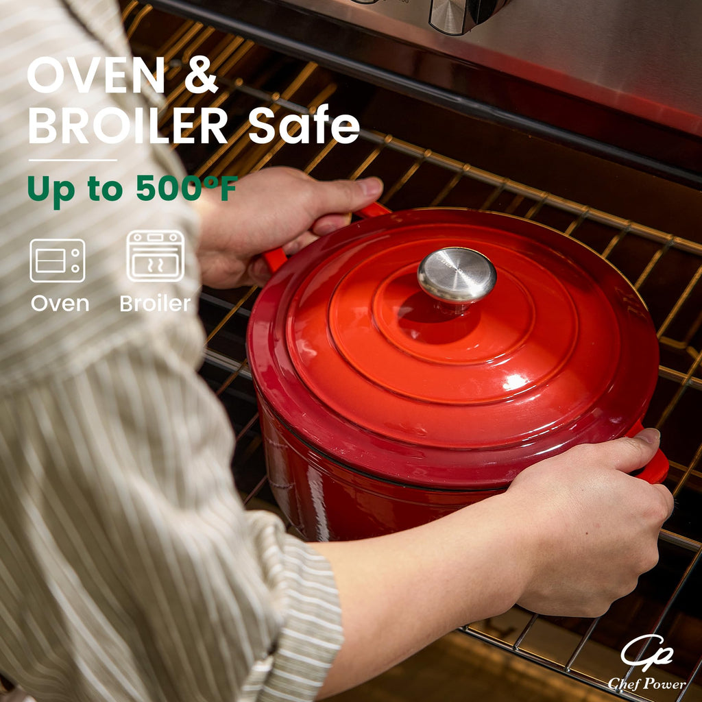 Chef Power Dutch Oven Pot with Lid 5QT, Enameled Cast Iron Dutch Oven for Bread Baking, Braising, Stews, Roasting, Oven Safe Dutch Ovens, Gradient Red