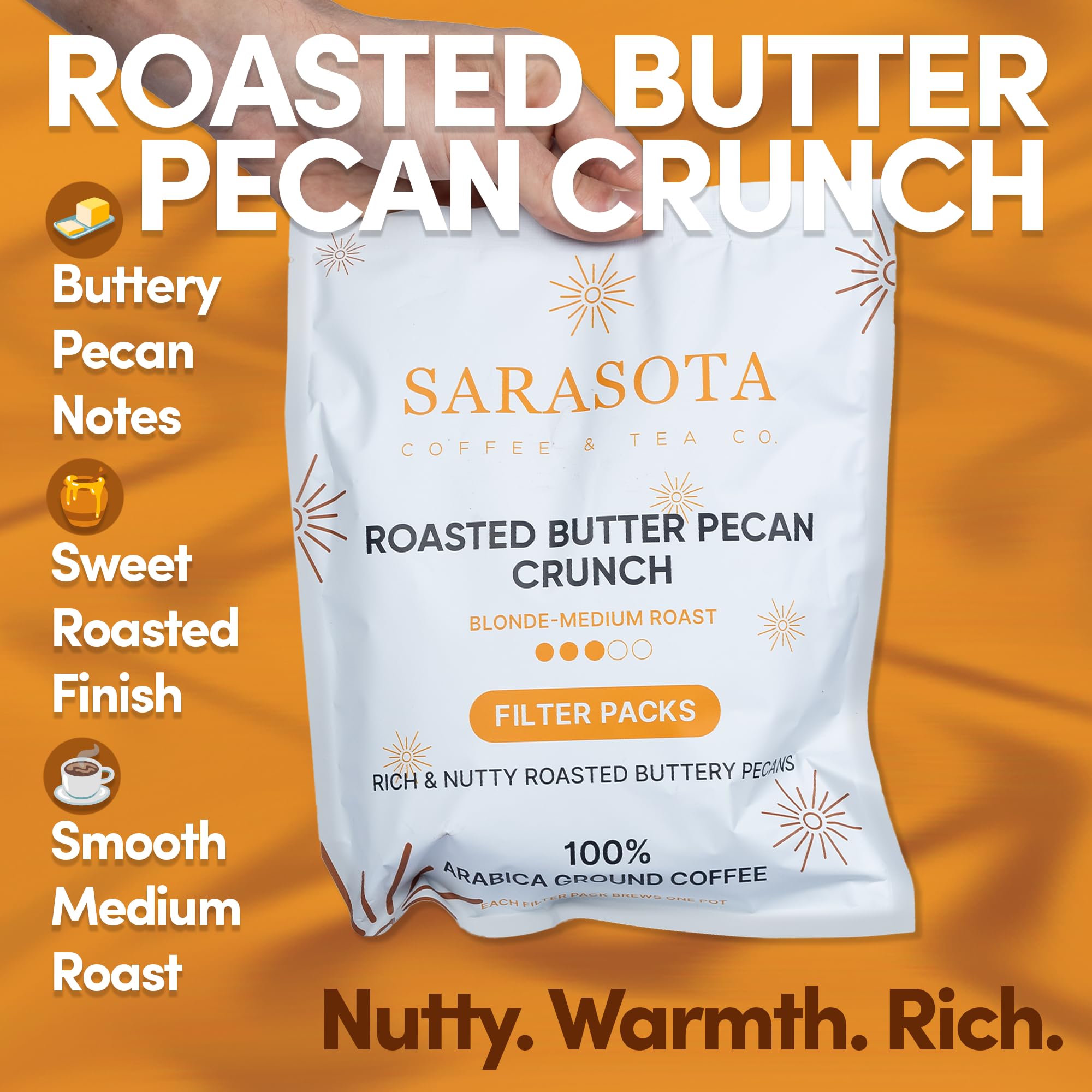 Ground Flavored Coffee In Filter Packs | Medium Roast Low Acid Mold Free Pouches | Butter Pecan Crunch Sampler Packets | Gourmet Powder Bags for 10–12 Cup Drip Maker | Highest Rated Individual Premeasured Coffee