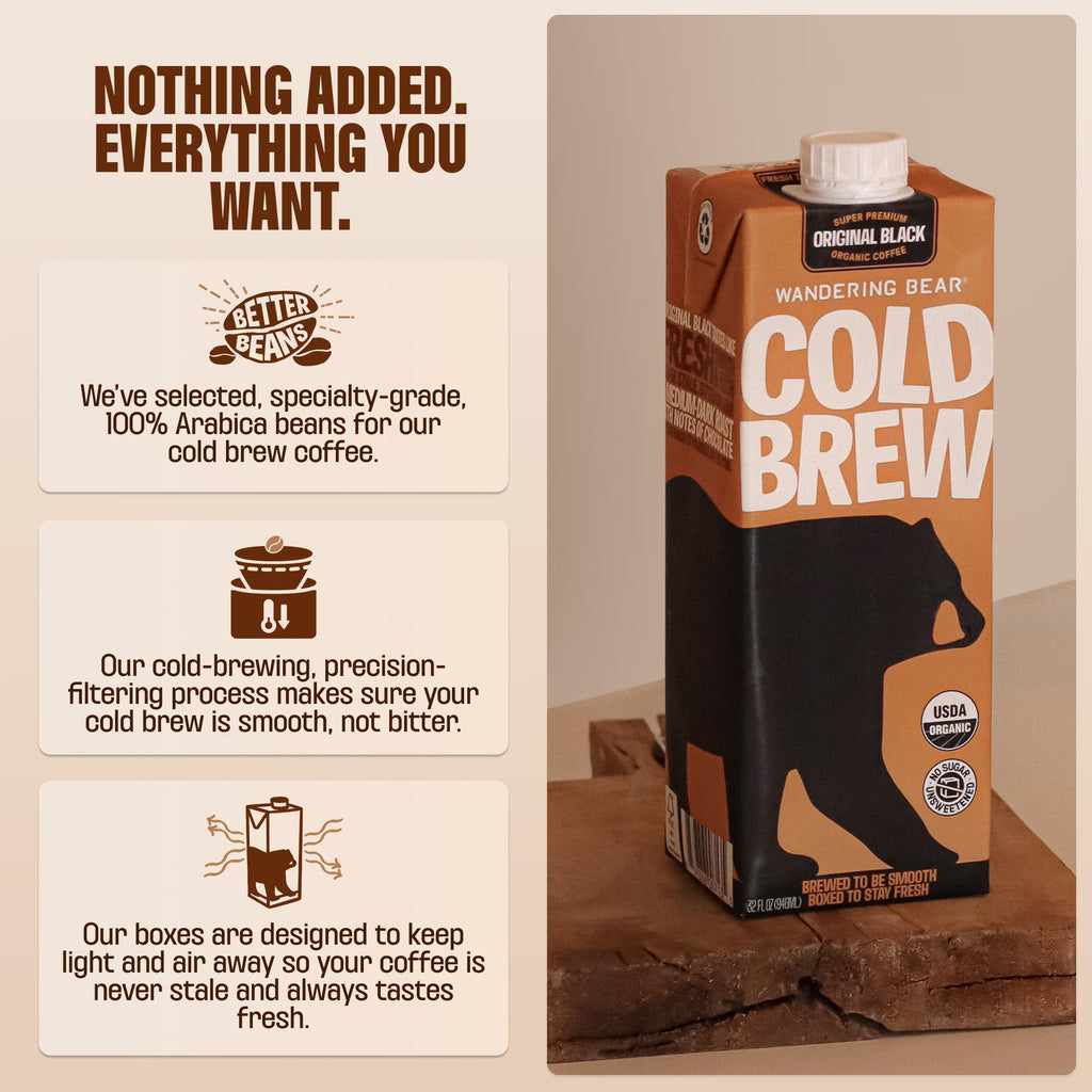 Wandering Bear Decaf Cold Brew Coffee - Bold, Smooth, No Sugar Added, Shelf-Stable, Ready to Drink, Gluten Free & Vegan Decaf Iced Cold Brewed Coffee Drink - 32 fl oz, 3 pack