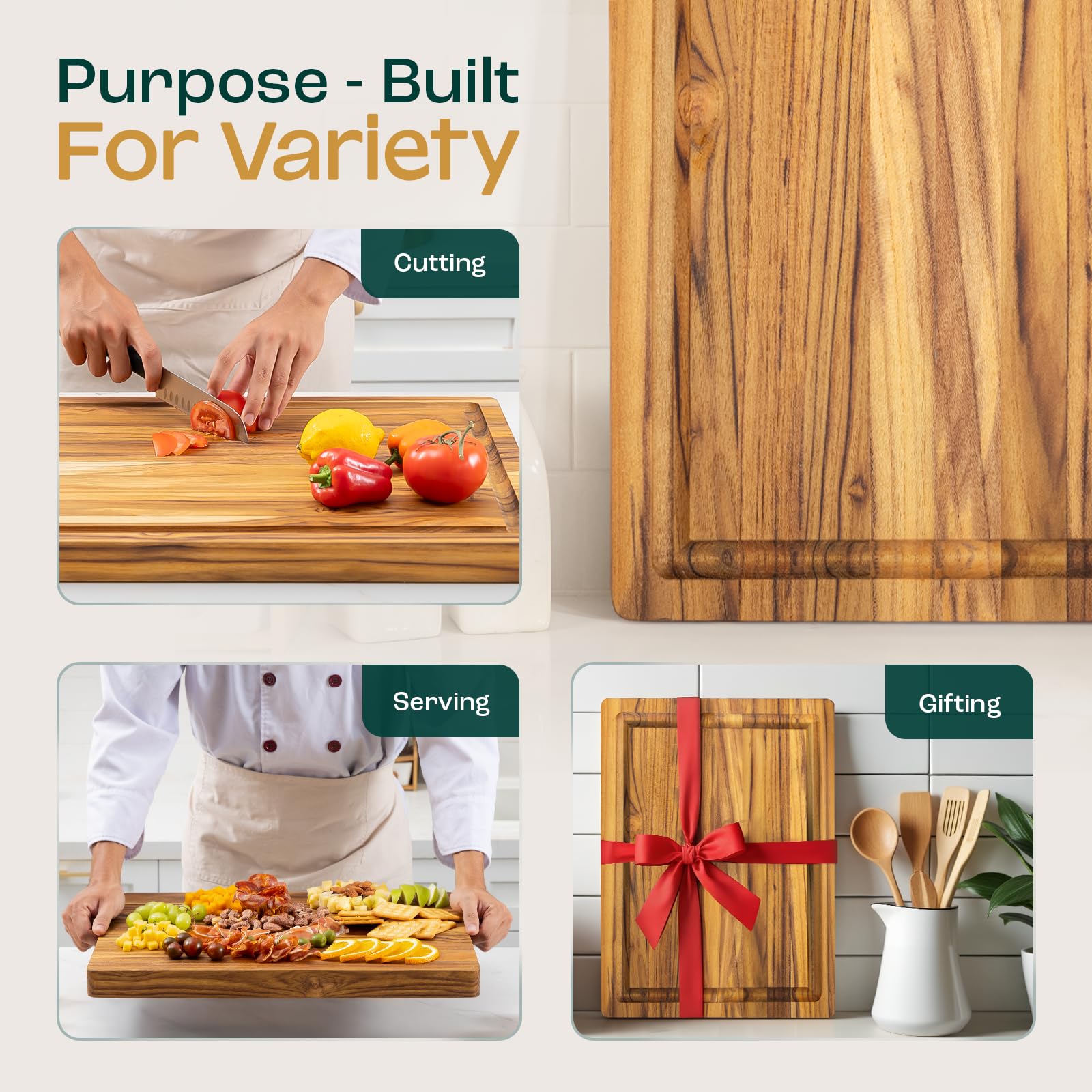 Yes4All Solid Teak Cutting Boards for Kitchen, [17''L x 13''W x 1.5” Thick] Medium Edge Grain Butcher Block Cutting Board, Wood Cutting Boards with Juice Grooves and Easy Grip Handle