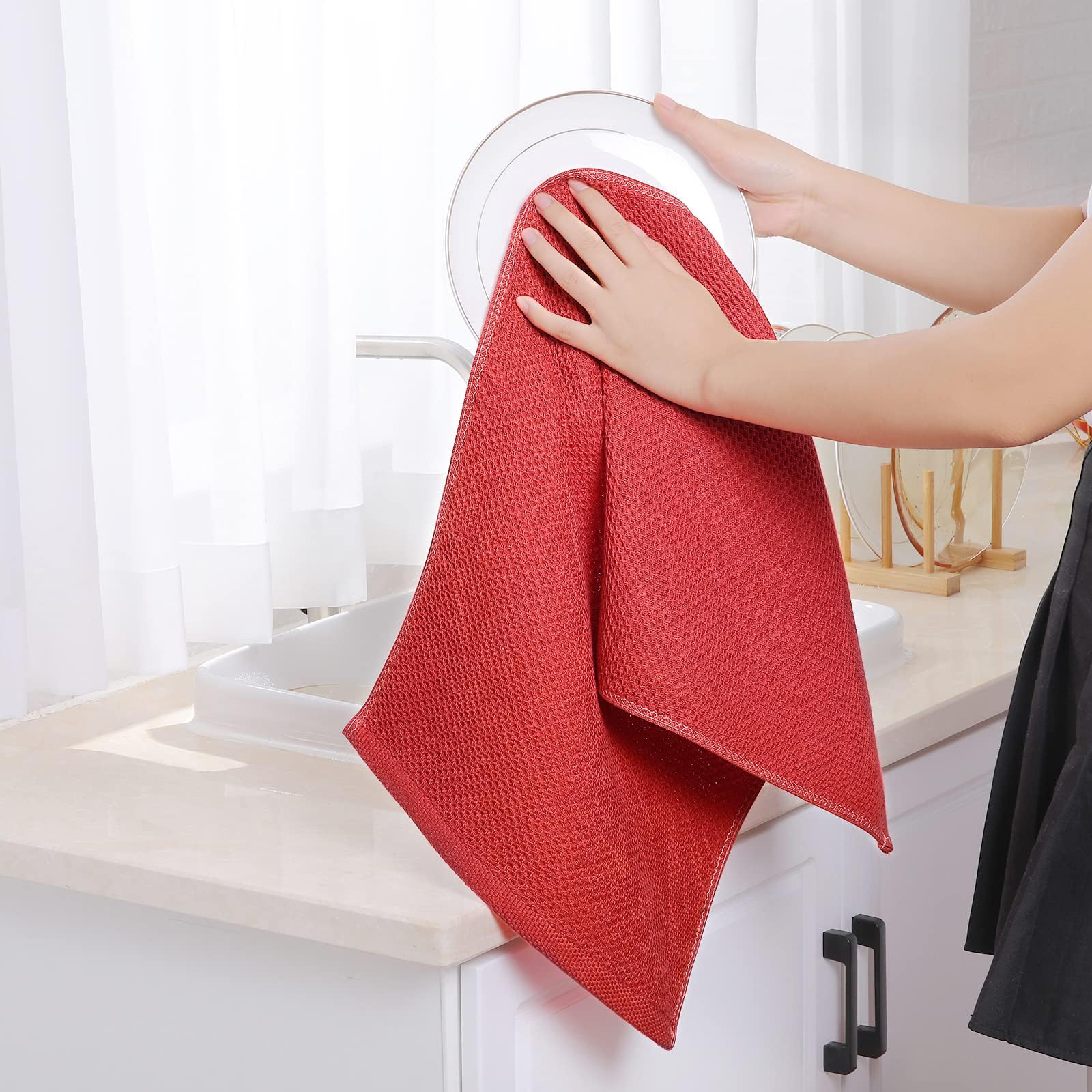 Homaxy 100% Cotton Waffle Weave Kitchen Dish Towels, Ultra Soft Absorbent Quick Drying Cleaning Towel, 13 x 28 Inches, 6-Pack, Brick Red