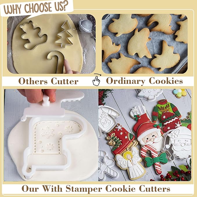 Flycalf Christmas Cookie Cutters Bell with Plunger Stamps Holiday PLA Baking Accessories Cutter Molds Gifts Decorative Party 3.5" Kitchen Cake Supplies