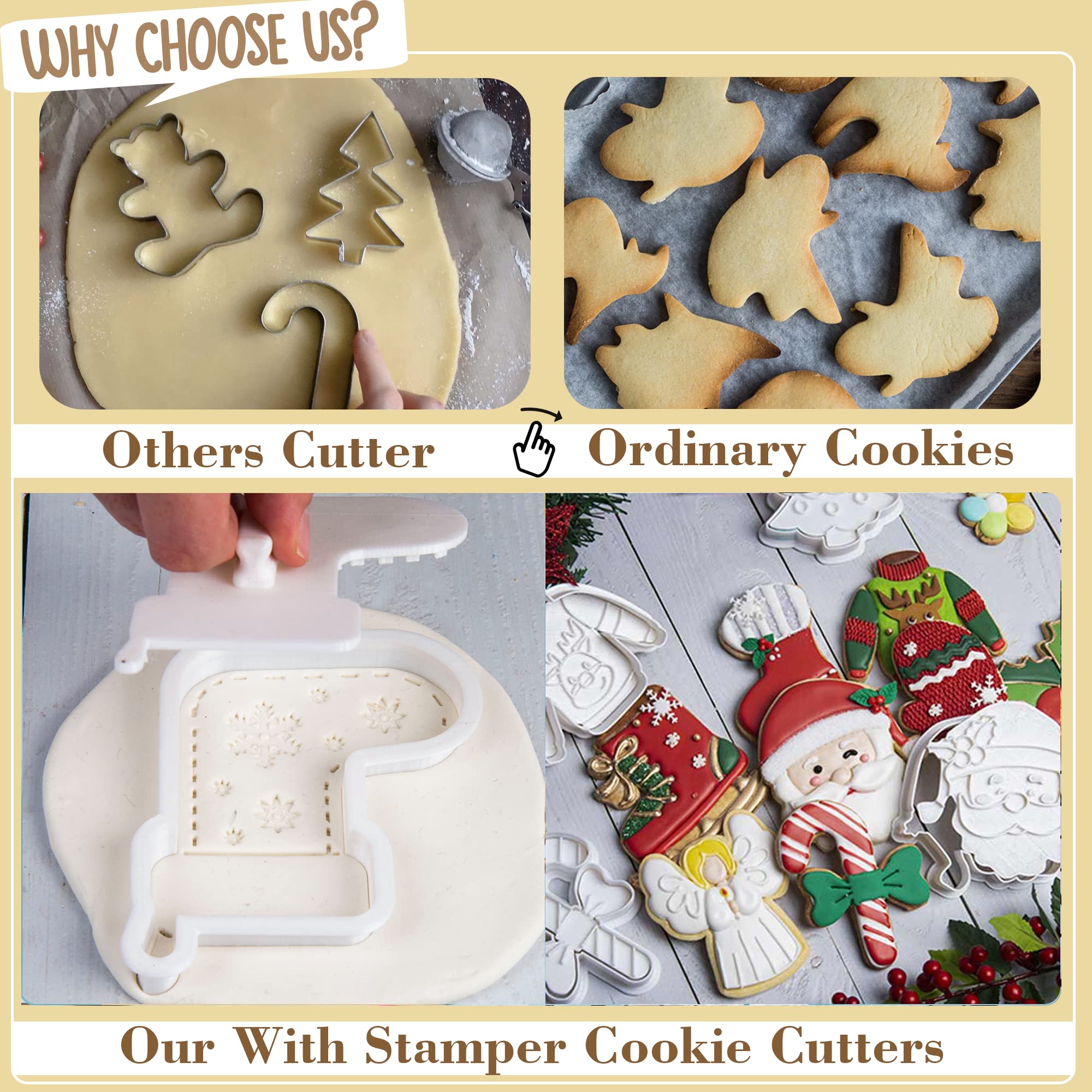 Flycalf Christmas Cookie Cutters Xmas Tree Shapes with Plunger Stamps Holiday PLA Baking Accessories Cutter Molds Gifts Decorative Party 3" Kitchen Cake Supplies