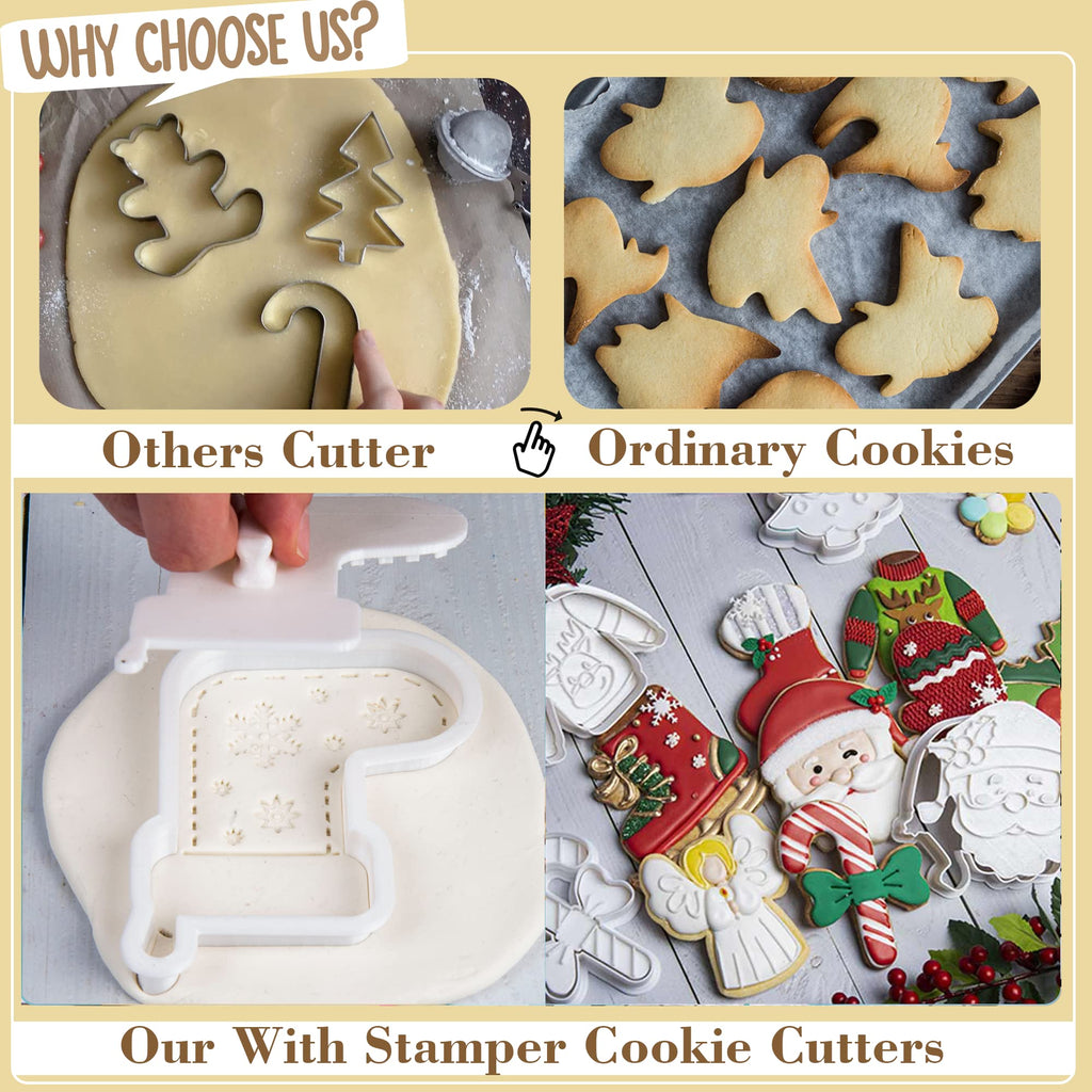 Flycalf Christmas Cookie Cutters Nutcracker Shapes with 3D Stamper Fall Holiday PLA Baking Accessories Cutter Molds Gifts for Kids Decorative Party 3.5" Kitchen Cake Supplies