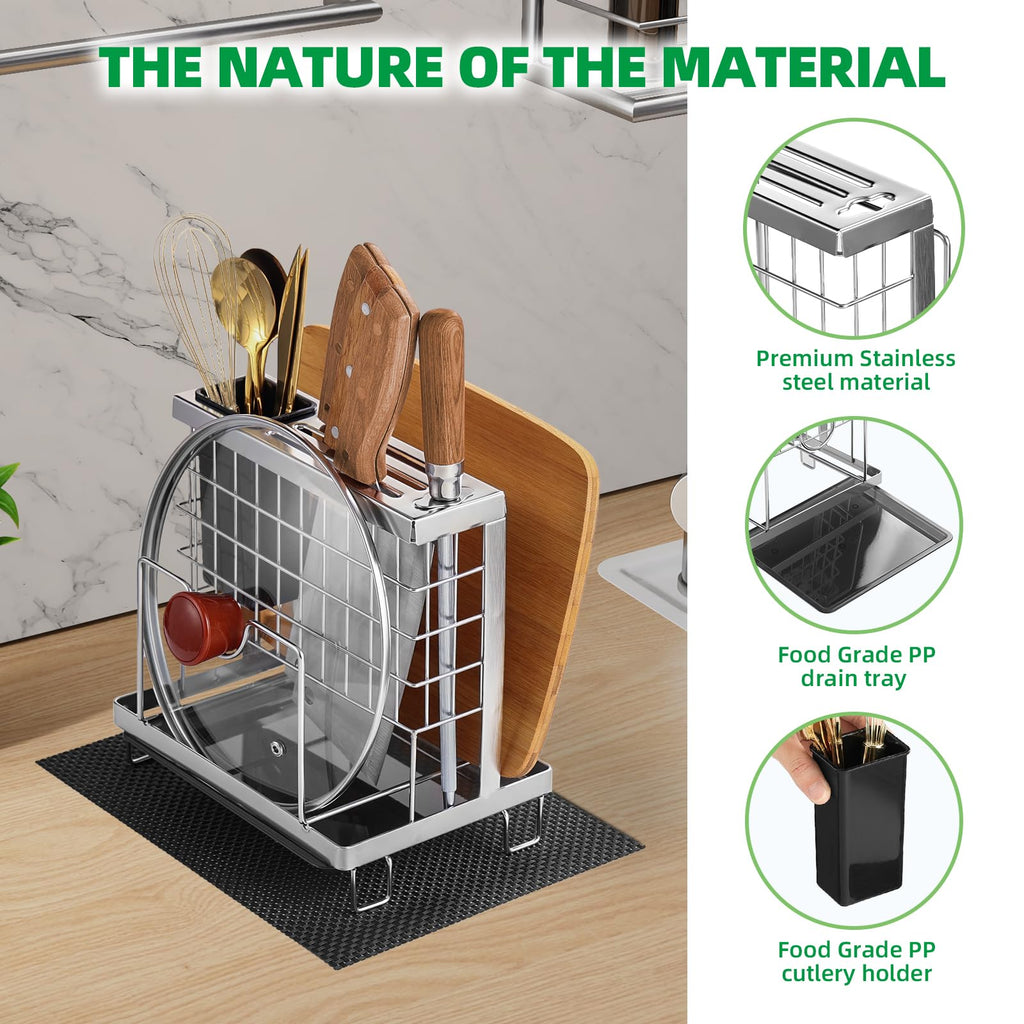 Knife Block Holder, Kitchen Knife Holder Storage Organizer，Utensil & Cutlery Caddy, Cutting Board Holder, Pot Lid Stand with Anti-Slip Pad for Countertop, Space-Saving (Silver)