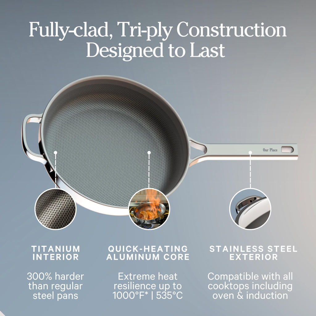 Our Place Mini Titanium Always Pan Pro | 8.5" PFAS-Free Nonstick Frying Pan with Spatula | Chef-Grade Tri-Ply Stainless Steel & Aluminum Build | Induction & Oven-Safe up to 1000°F | Chrome