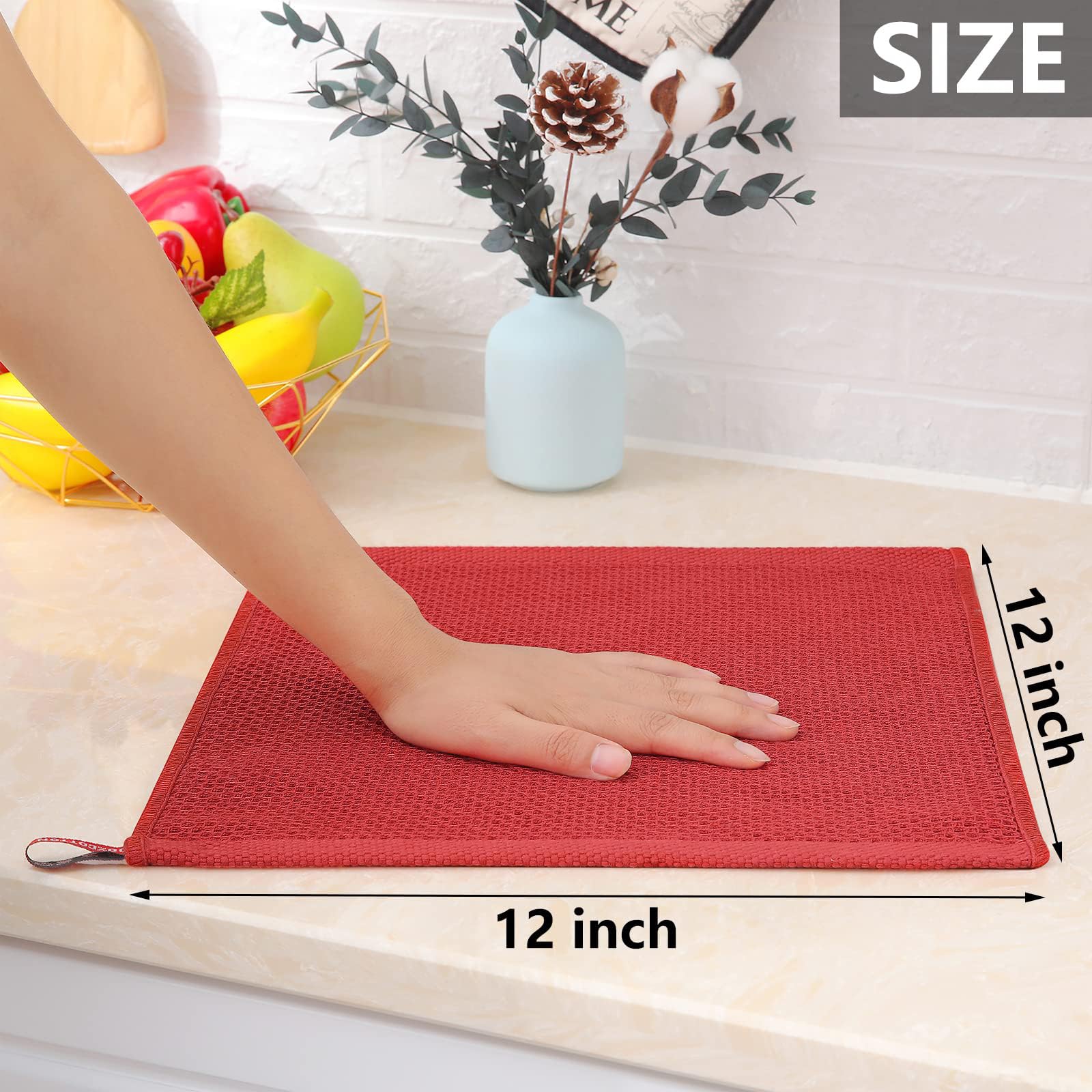 Homaxy 100% Cotton Waffle Weave Kitchen Dish Cloths, Ultra Soft Absorbent Quick Drying Dish Towels, 12 x 12 Inches, 6-Pack, Brick Red