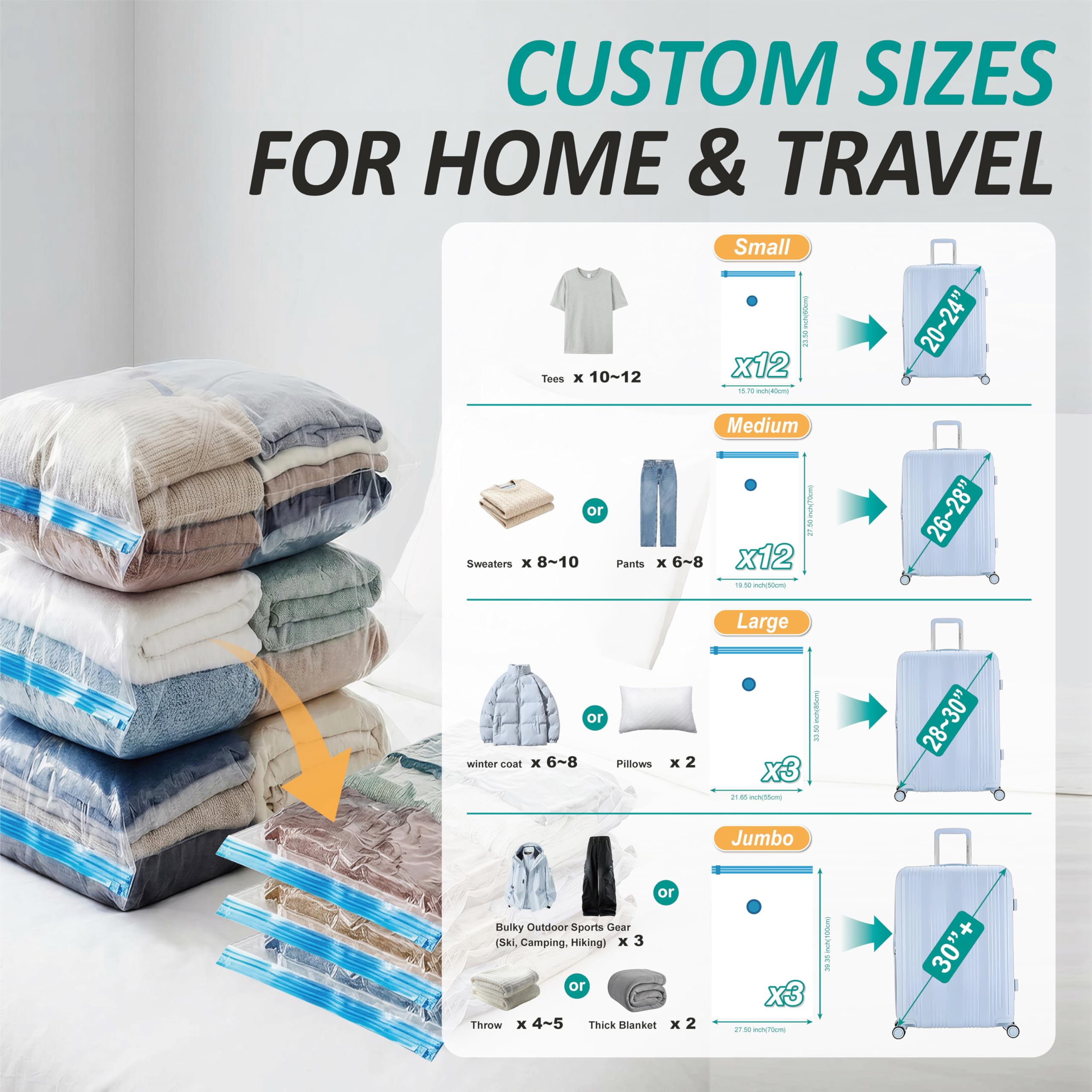 Cozy Essential Travel Vacuum Storage Bags with Rechargeable Cordless USB Pump, Space Saver Bags for Luggage, Suitcase, Carry-On, for Clothes, Blankets, Bedding & Seasonal Storage,30 Combo
