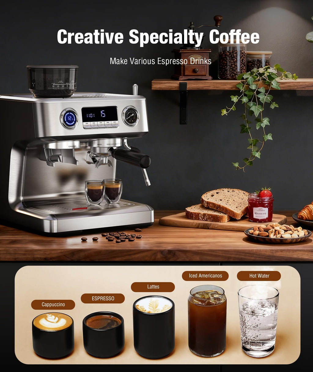 Kndko 20 Bar Espresso Machines with Grinder, Double Boiler Espresso Maker with Milk Frother Steam Wand, Programmable Coffee Maker for Home Cappuccino Latte & Americano