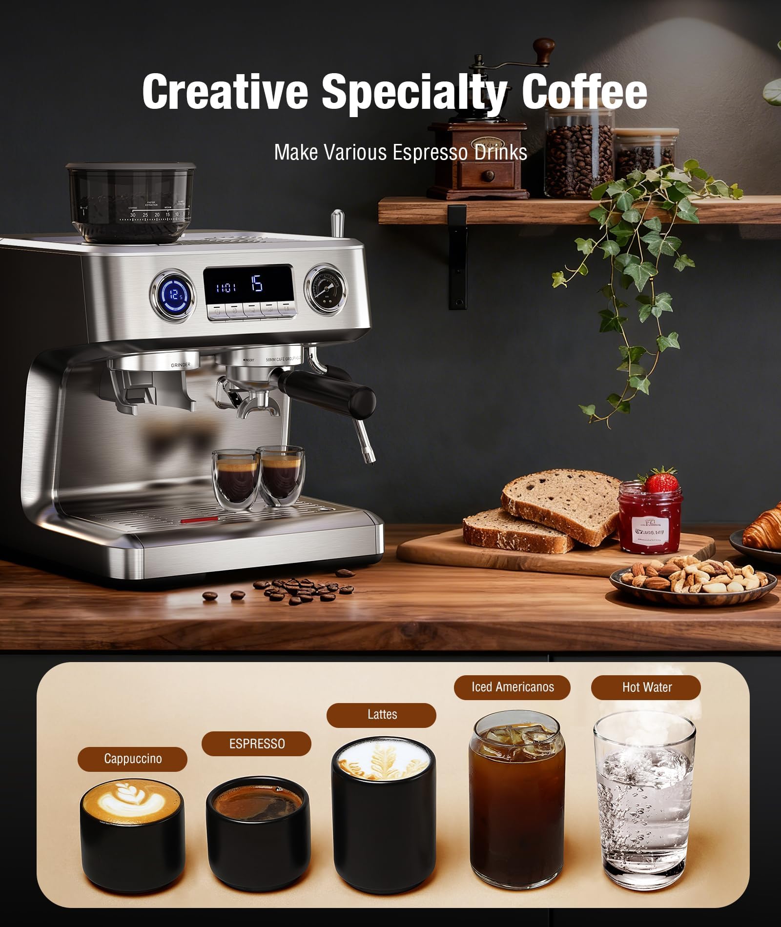 Kndko 20 Bar Espresso Machines with Grinder, Double Boiler Espresso Maker with Milk Frother Steam Wand, Programmable Coffee Maker for Home Cappuccino Latte & Americano