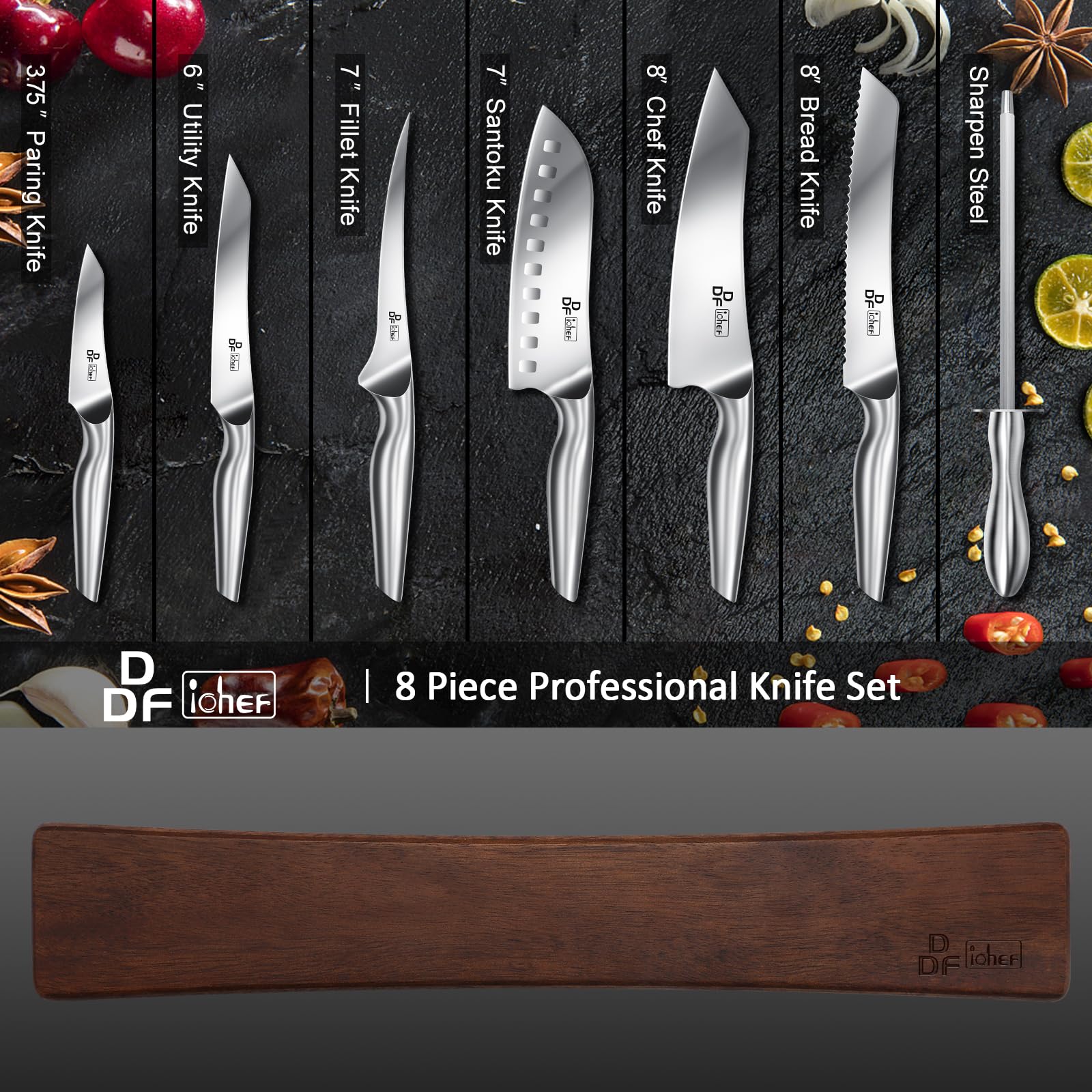 Knife Set with Magnetic Knife Strip 8 Piece, High Carbon Stainless Steel