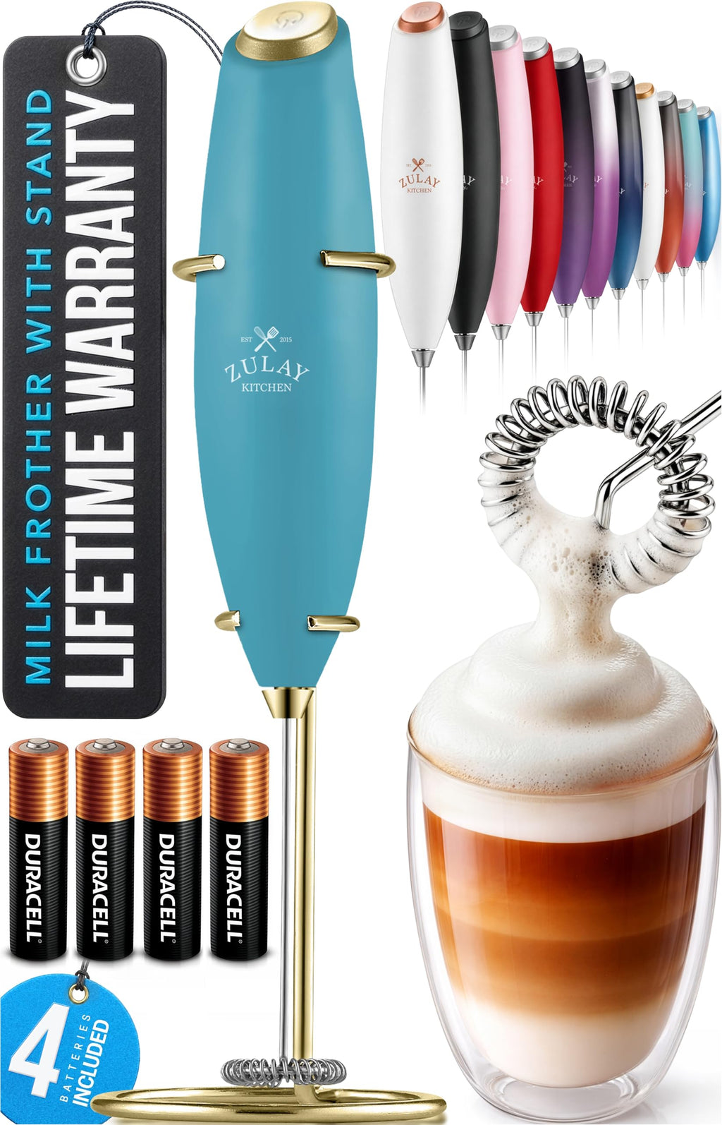 Zulay Kitchen Powerful Milk Frother Wand With Duracell Batteries - Ultra Fast Handheld Drink Mixer - Electric Whisk Foam Maker for Coffee, Lattes, Cappuccino & Matcha - Z1 Motor - Aqua