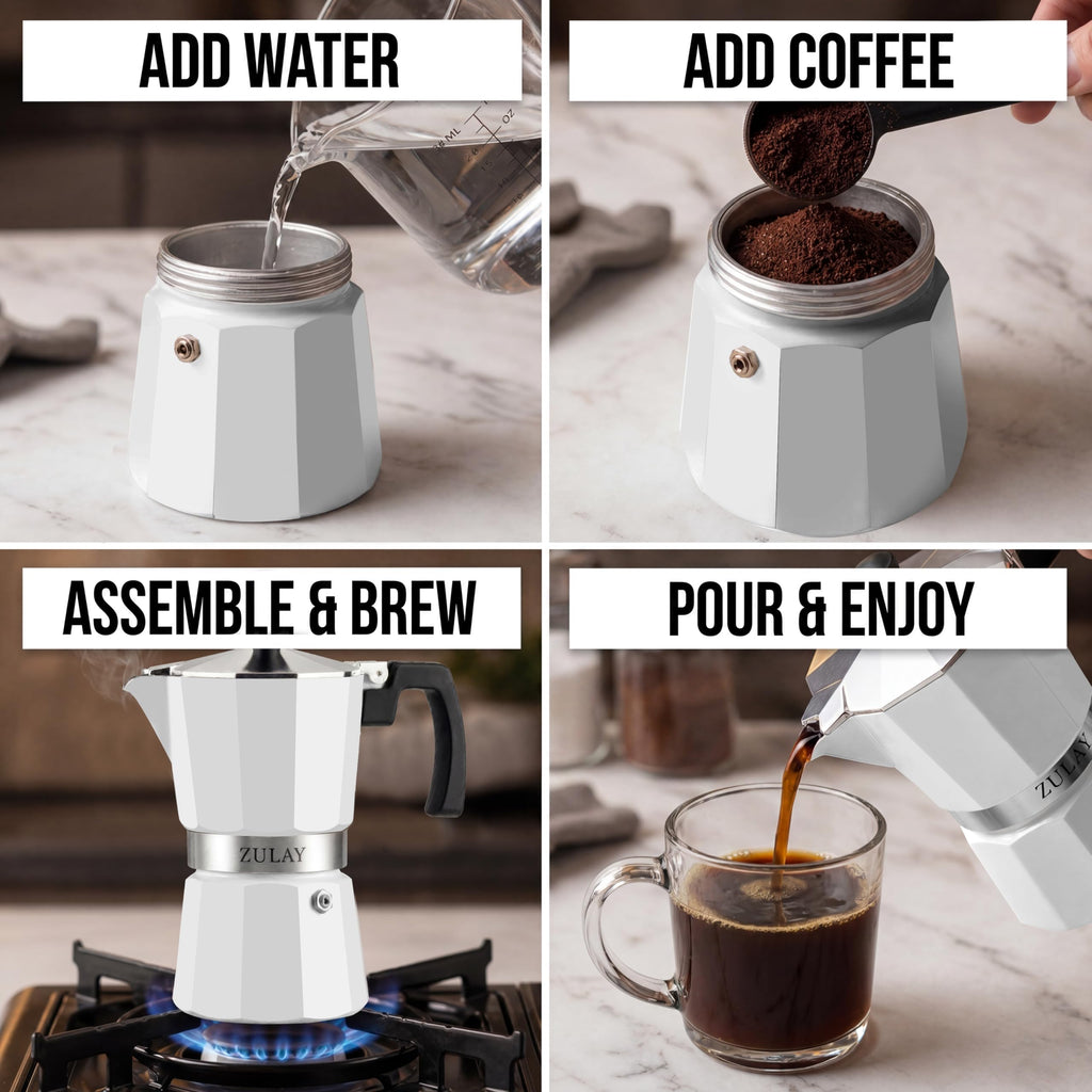 Zulay Moka Pot Espresso Stovetop Coffee Maker - Leak-Proof, Stainless Steel, Easy to Clean, Heat Resistant Handle & Knob - for Authentic Cuban & Italian Style Espresso - Makes 6 Espresso Cups - White